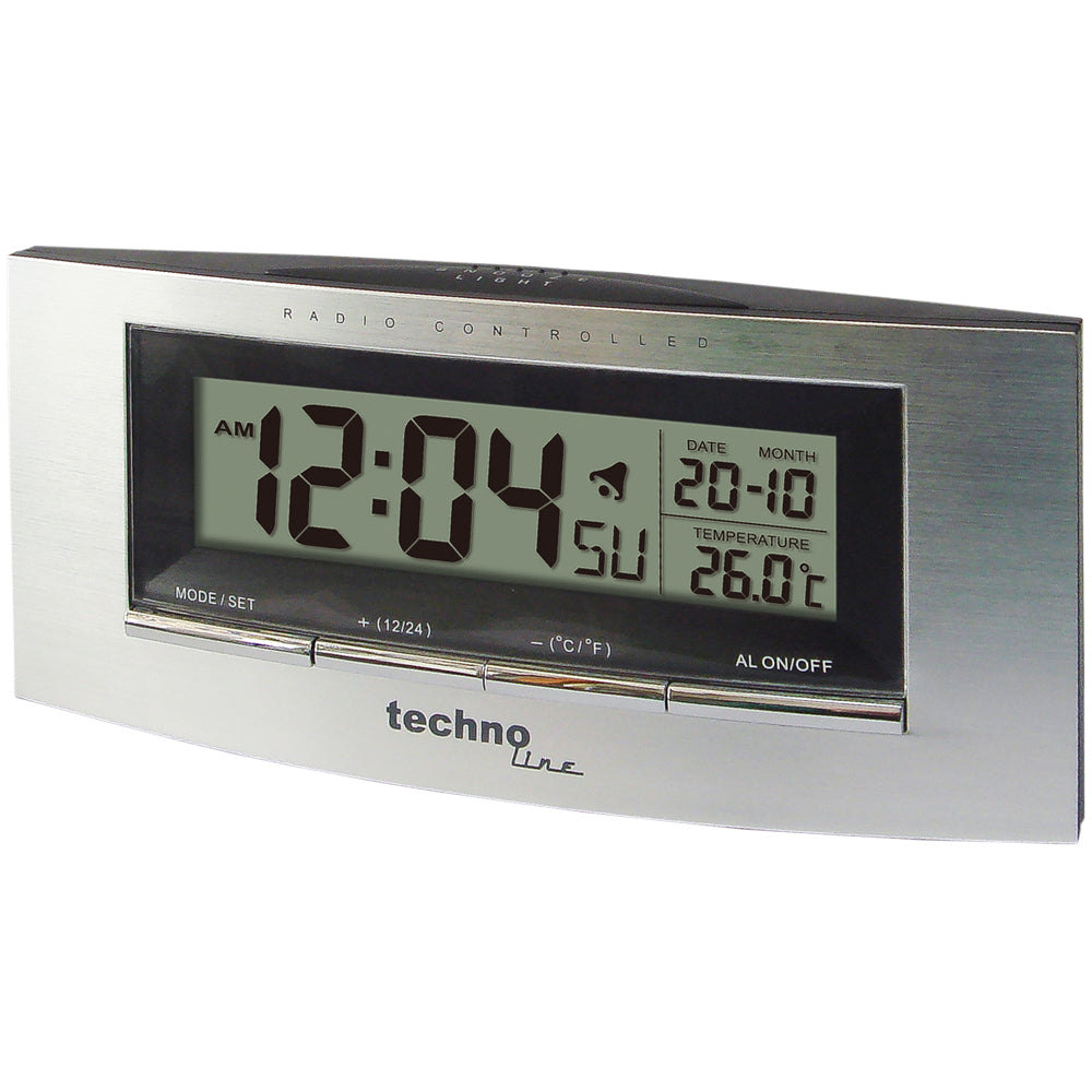 Technoline WT182 Digitalwecker – Funk, Snooze, Thermometer, 14 × 6,3 × 3,5 cm, Silber