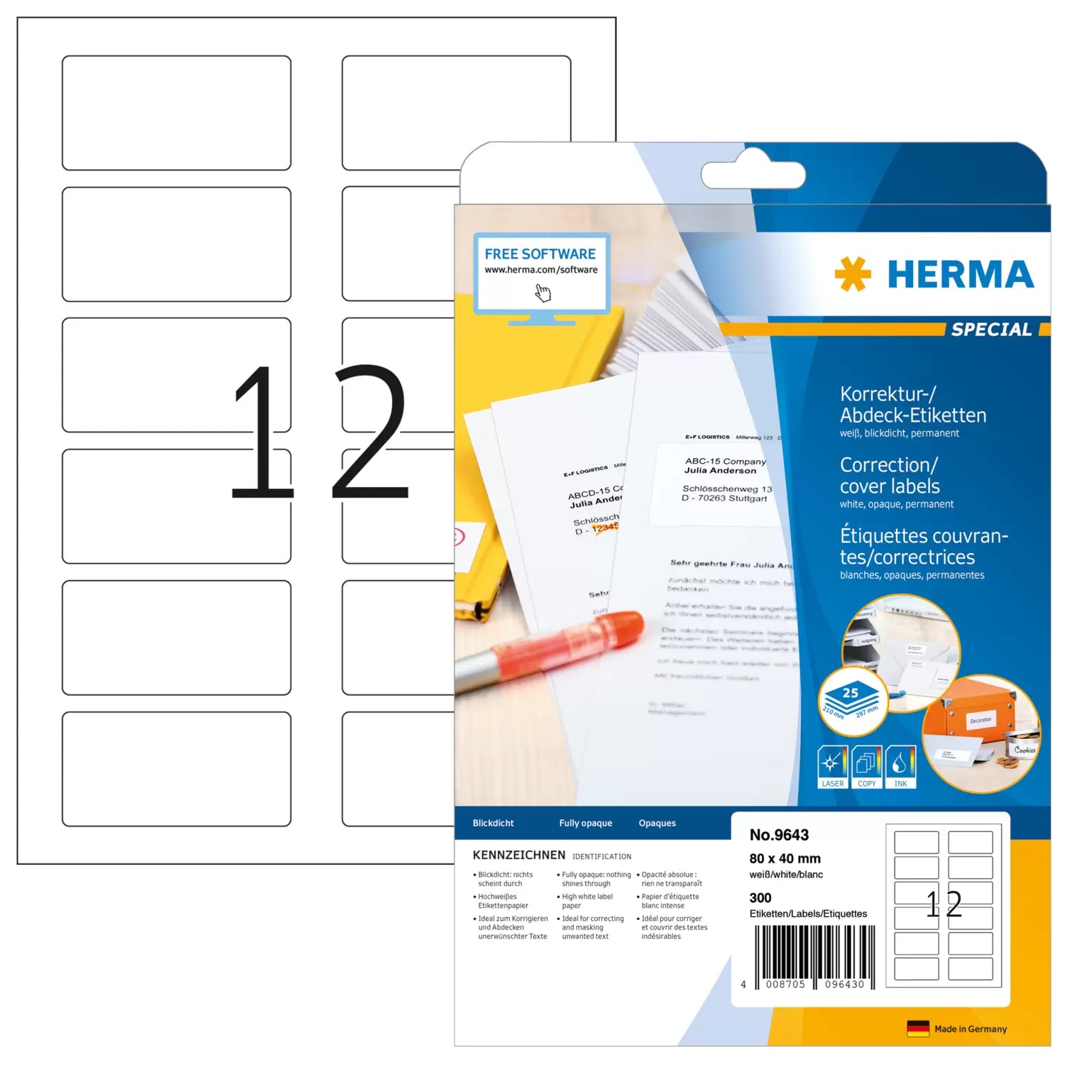 HERMA Druckeretiketten, 80 mm × 40 mm, weiss, Papier, permanent, 25 Blätter (300 Etiketten)