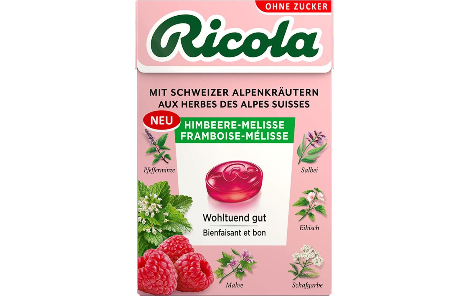 Ricola Kräuterbonbons – Himbeere & Melisse, vegan, glutenfrei – 50 g
