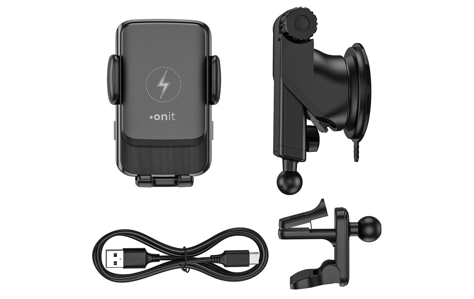 ONIT Smart – Kabellose Auto-Ladehalterung – Saugnapf, Armaturenbrett, USB-C, für Smartphones 60–90 mm – Schwa