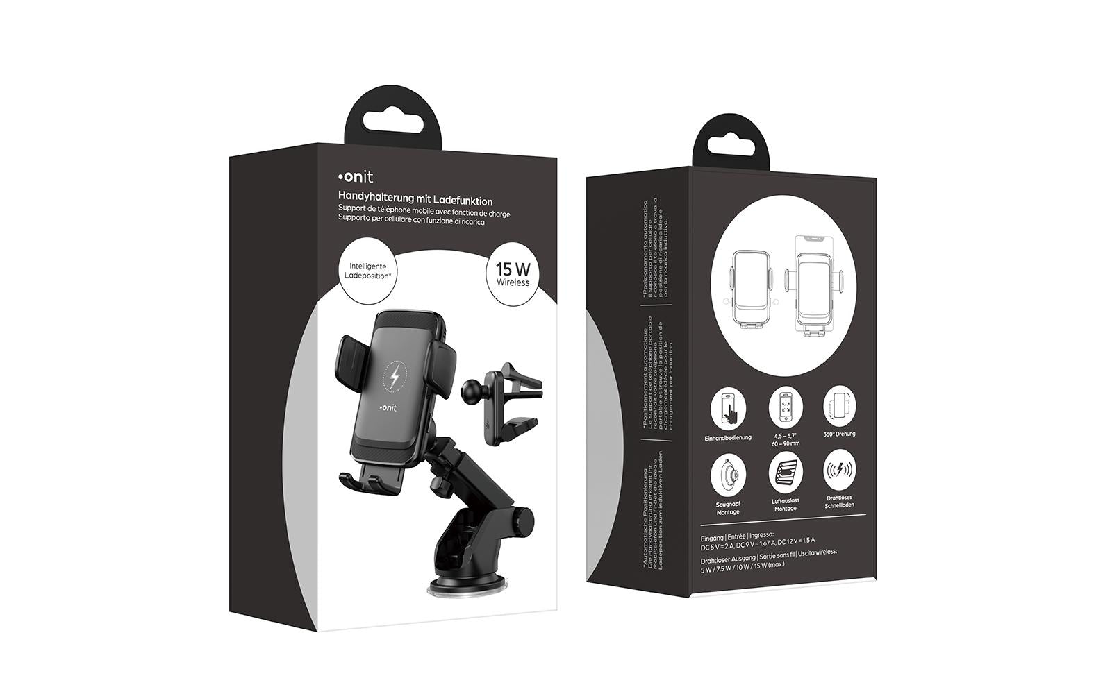 ONIT Smart – Kabellose Auto-Ladehalterung – Saugnapf, Armaturenbrett, USB-C, für Smartphones 60–90 mm – Schwa