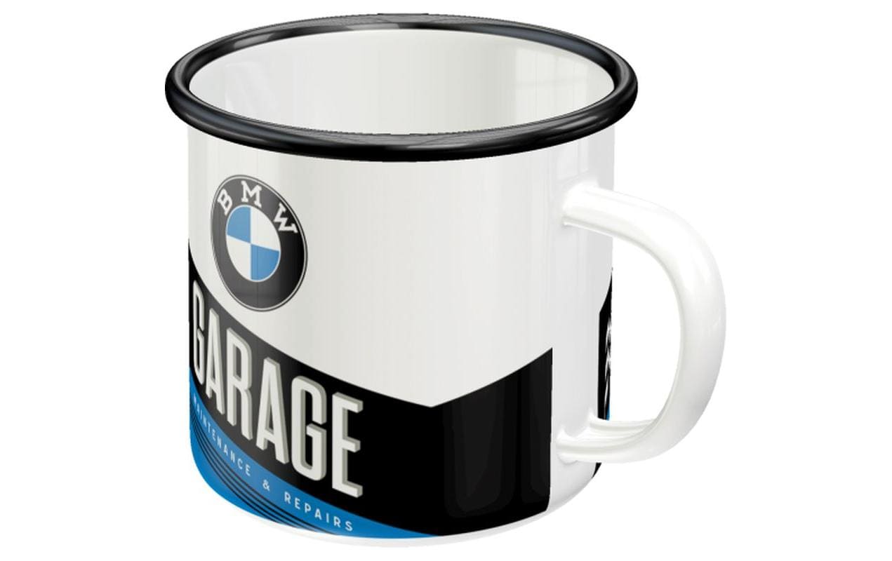 Nostalgic Art Emaillebecher BMW Garage – 360 ml, Ø 8,0 cm, Emaille, Weiss/Schwarz, mit Henkel