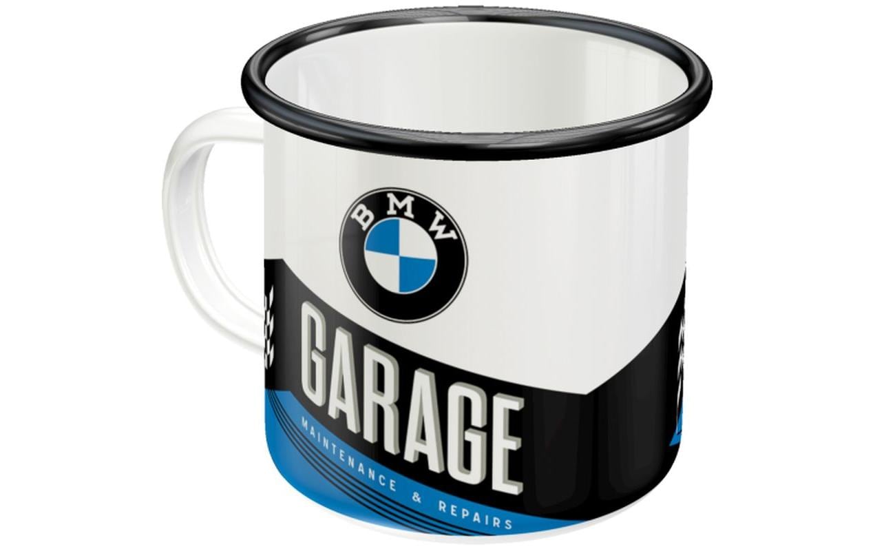 Nostalgic Art Emaillebecher BMW Garage – 360 ml, Ø 8,0 cm, Emaille, Weiss/Schwarz, mit Henkel