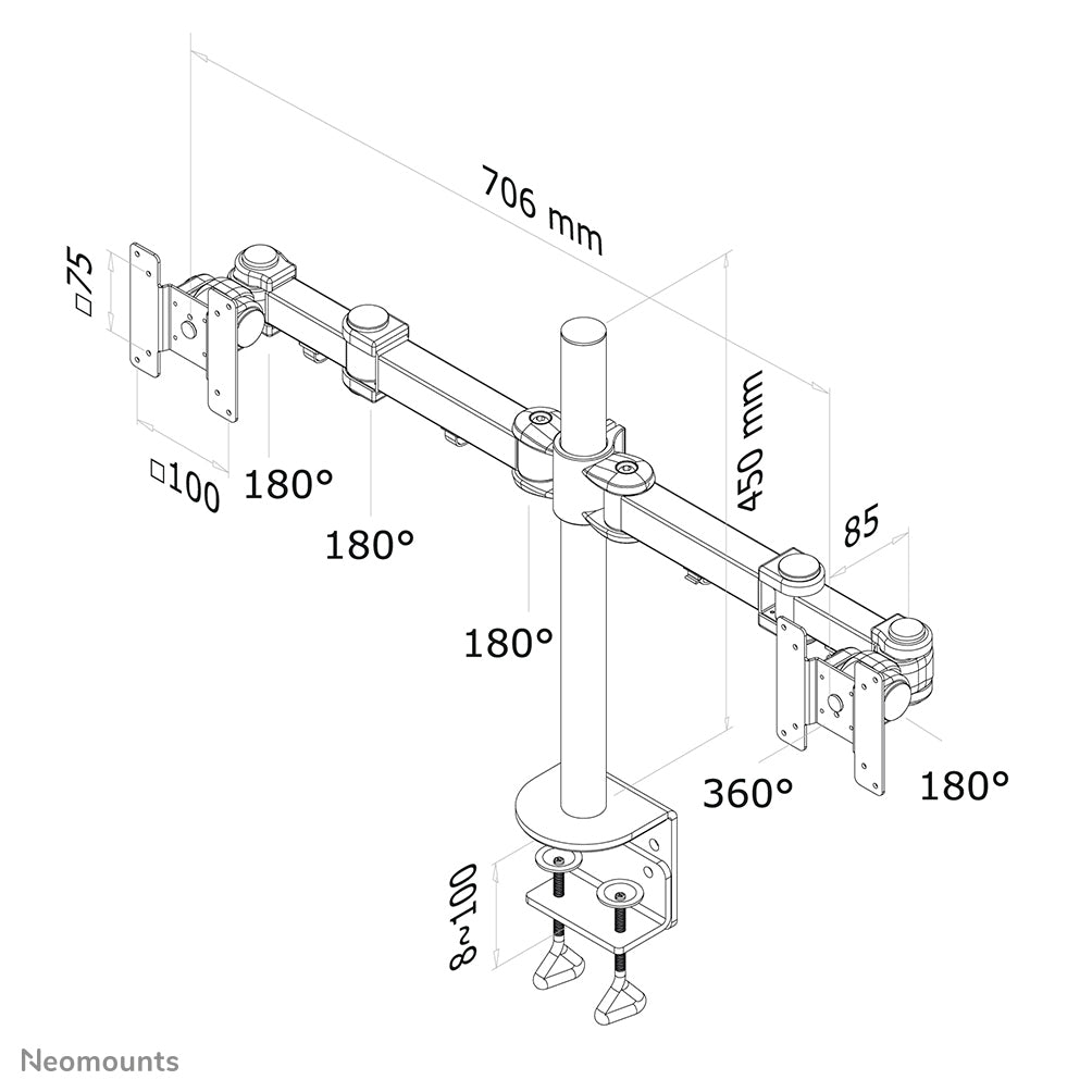 Neomounts FPMA D960D – Tischhalterung, Dual, Tischklemme, bis 27", VESA 75 × 75/100 × 100 mm, 8 kg