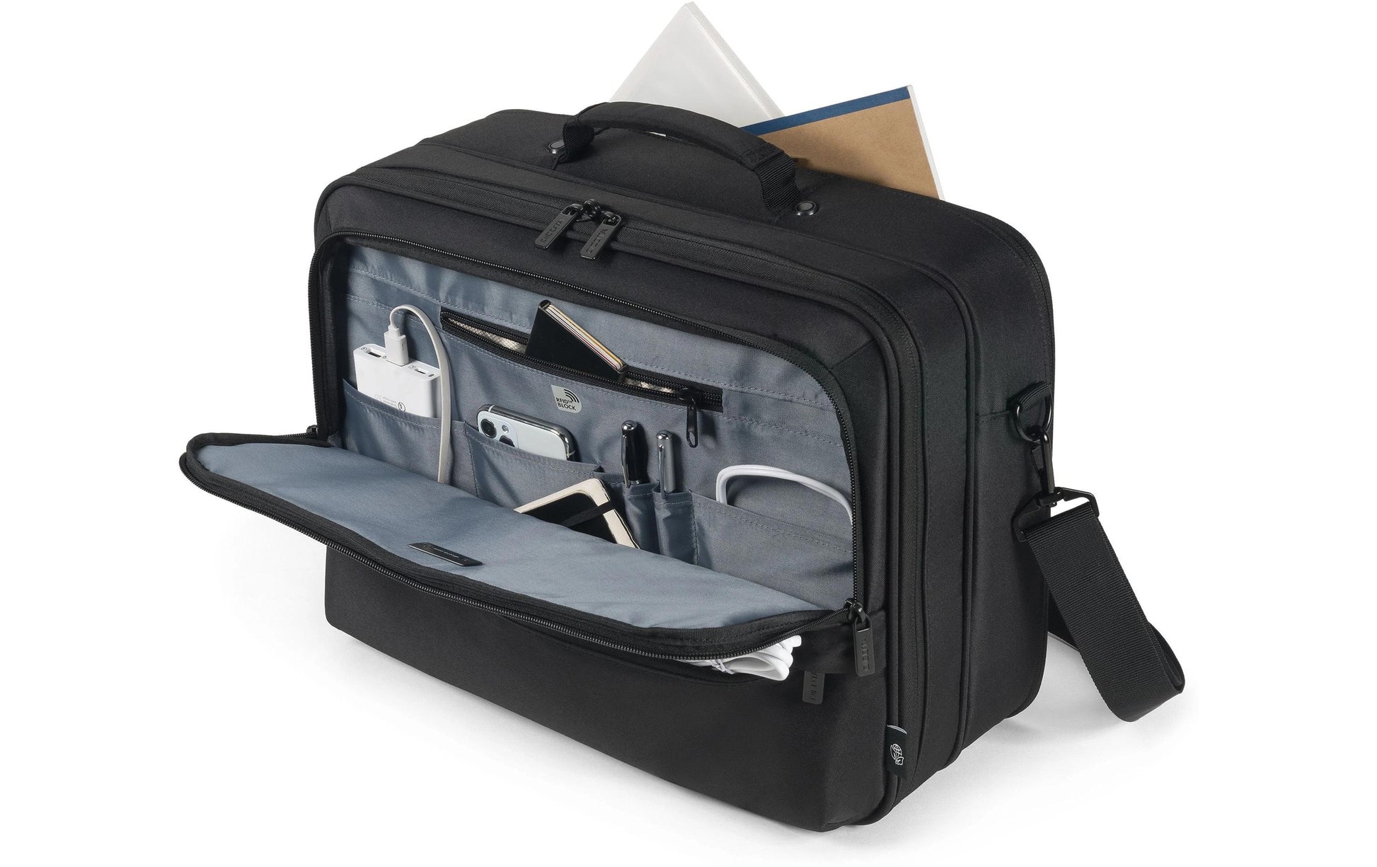 DICOTA Notebook-Tasche für bis 16" – wasserabweisend, Trolley-Haltegurt – Schwarz