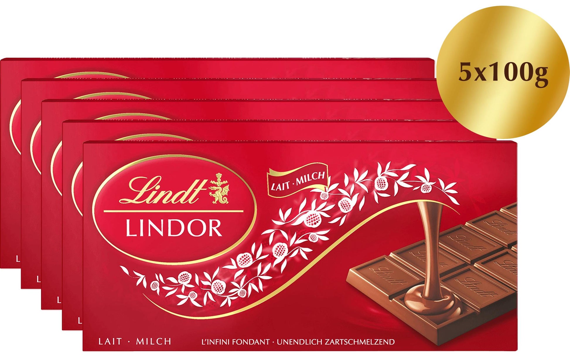 Lindt LINDOR Tafelschokolade – Milch – 5 × 100 g