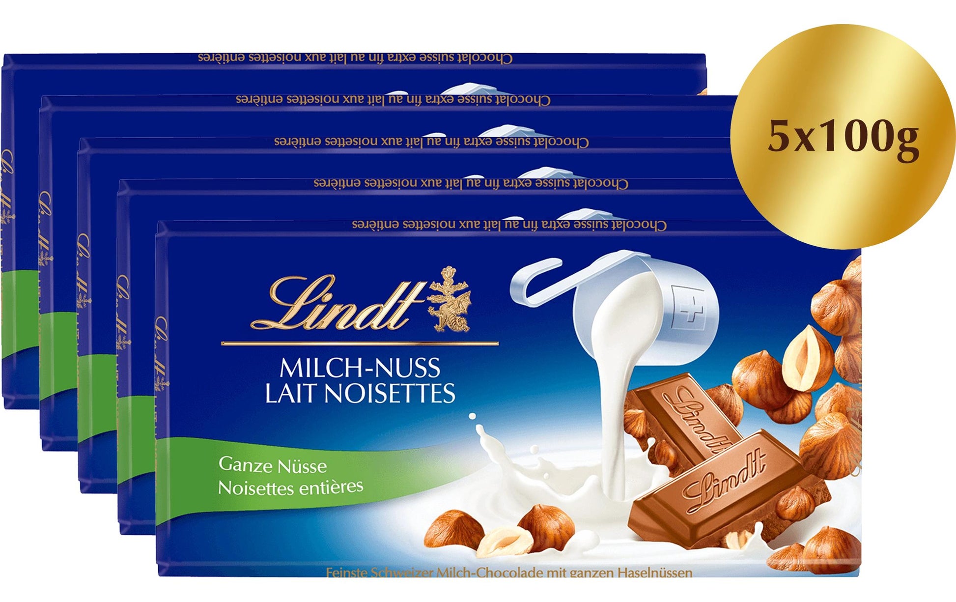 Lindt Tafelschokolade – Milch, Haselnuss – 5 × 100 g