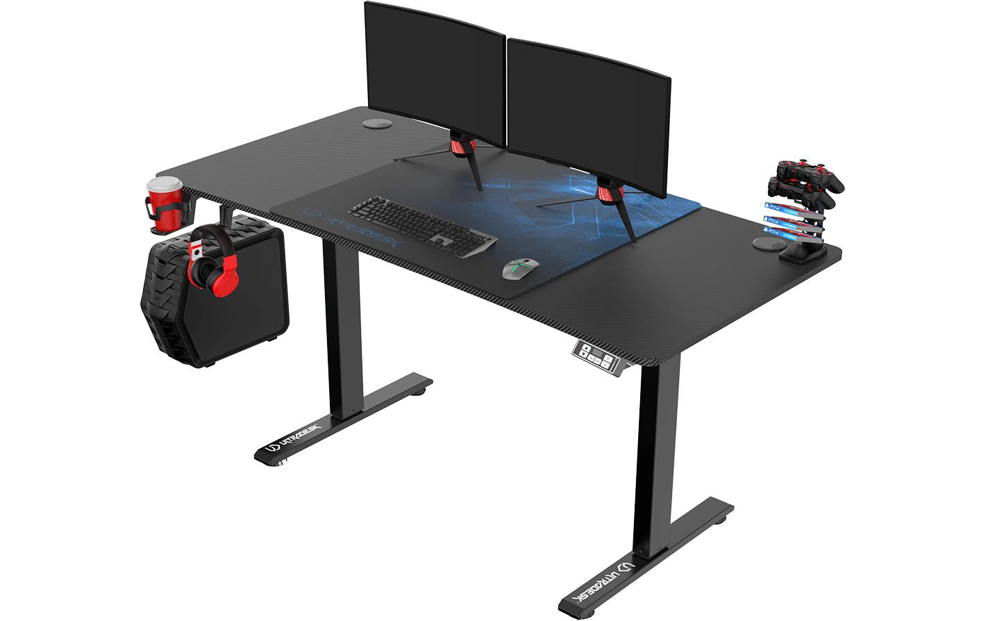 Ultradesk Level V2 Gaming-Tisch – 140 × 68 cm, höhenverstellbar, schwarz/blau, Stahl
