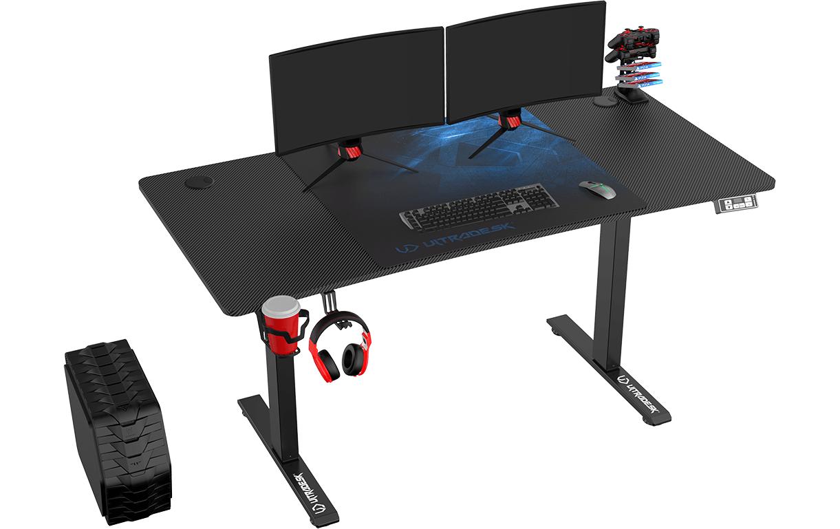 Ultradesk Level V2 Gaming-Tisch – 140 × 68 cm, höhenverstellbar, schwarz/blau, Stahl