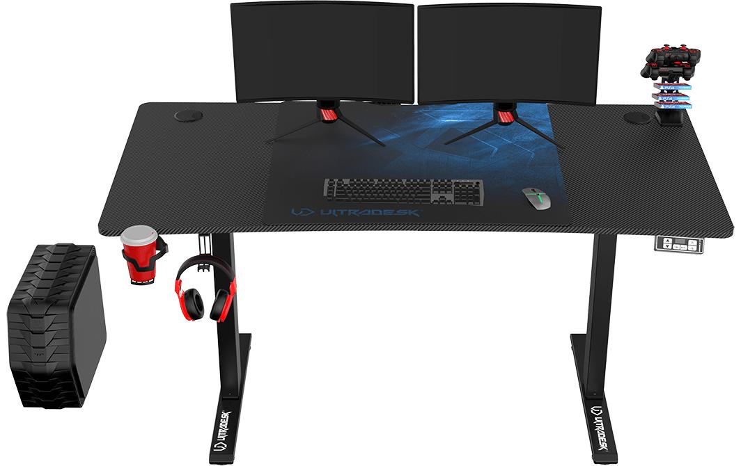 Ultradesk Level V2 Gaming-Tisch – 140 × 68 cm, höhenverstellbar, schwarz/blau, Stahl
