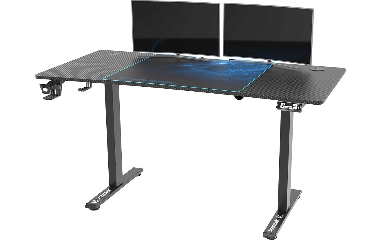 Ultradesk Level V2 Gaming-Tisch – 140 × 68 cm, höhenverstellbar, schwarz/blau, Stahl