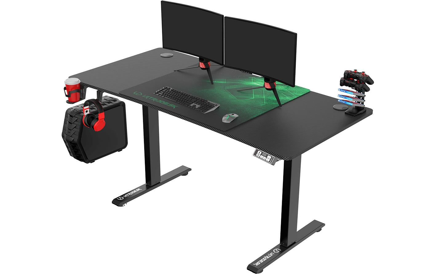Ultradesk Level V2 Gaming-Tisch – 140 × 68 cm, höhenverstellbar, schwarz/grün, Stahl