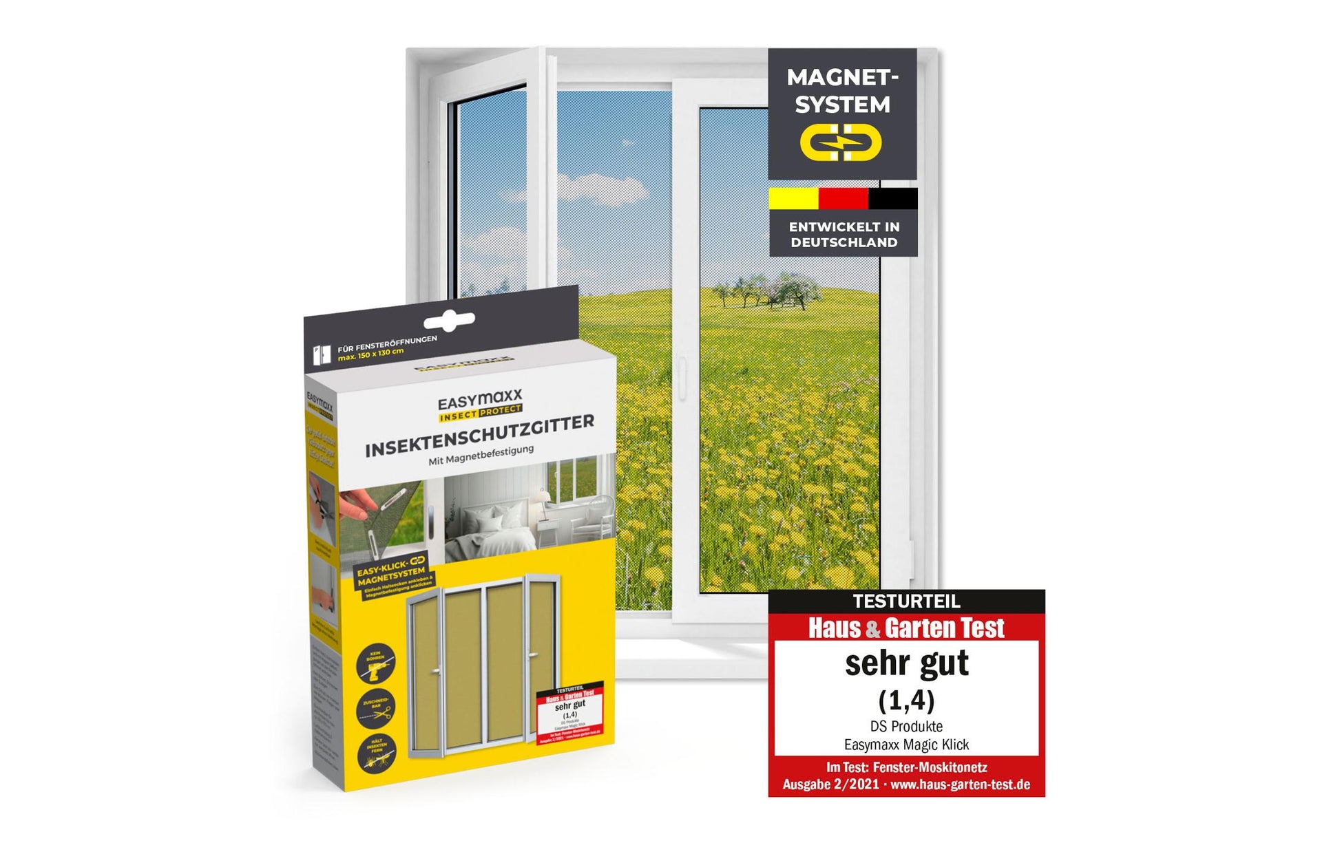 EASYmaxx Fenster-Fliegengitter – 150 × 130 cm – Schwarz – Magnetbefestigung, zuschneidbar – für Fluginsekten