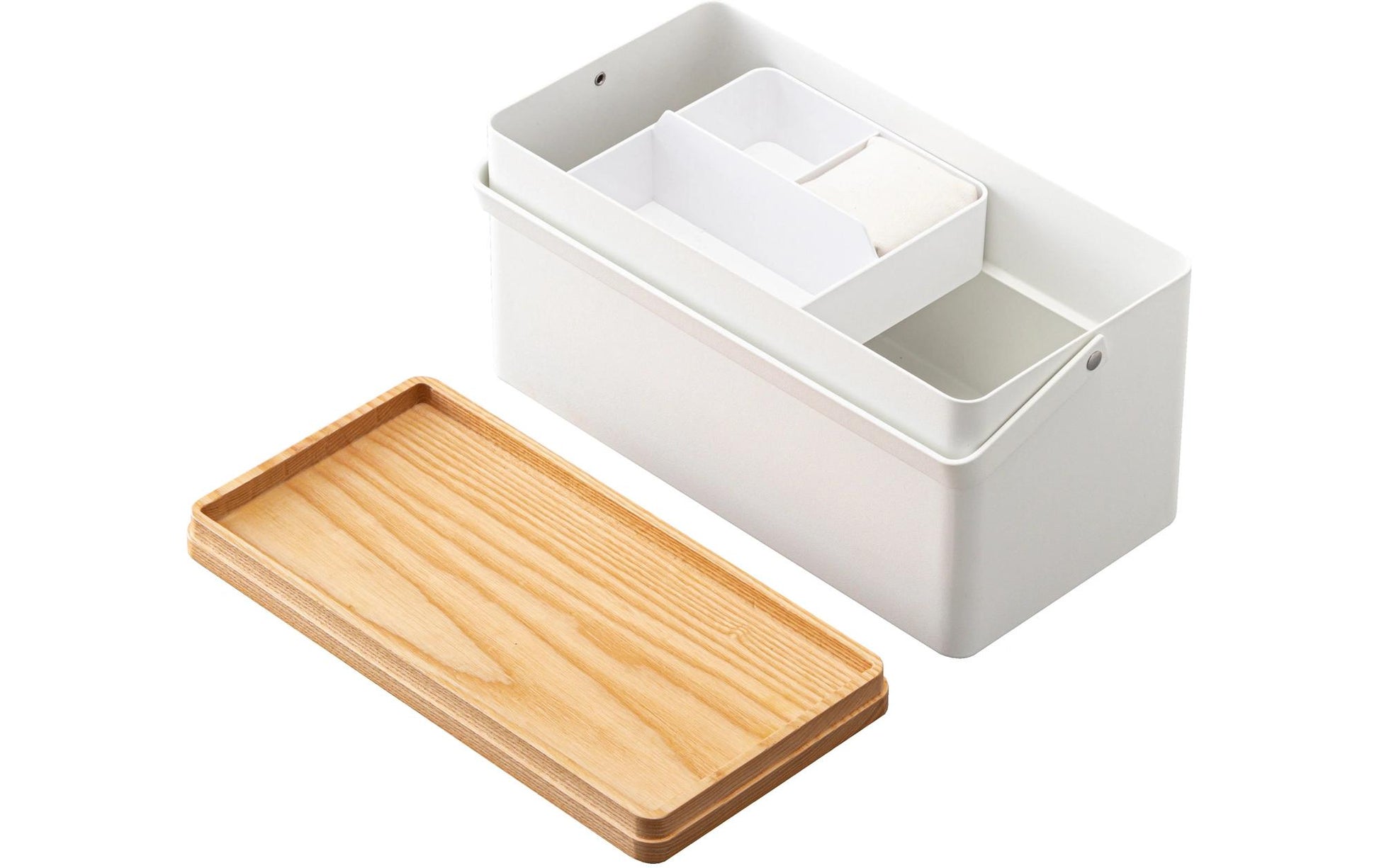 Yamazaki Aufbewahrungsbox (mit Deckel) – Metall – Weiss/Holz – 140 × 135 × 270 mm