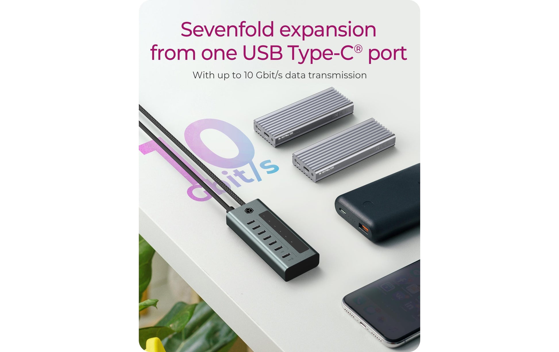 ICY BOX IB-HUB1457-C31 USB-Hub – 7× USB-C (10 Gbit/s), 20 W PD, für Windows/Mac