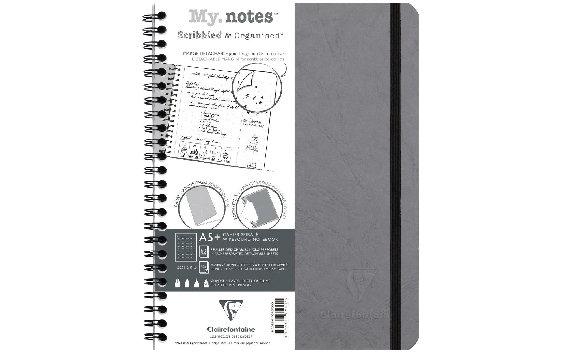 Clairefontaine Notizbuch – A5+ – punktiert 5 mm – 120 Seiten – 90 g/m² – Doppelspirale, Hardcover, grau, PEFC
