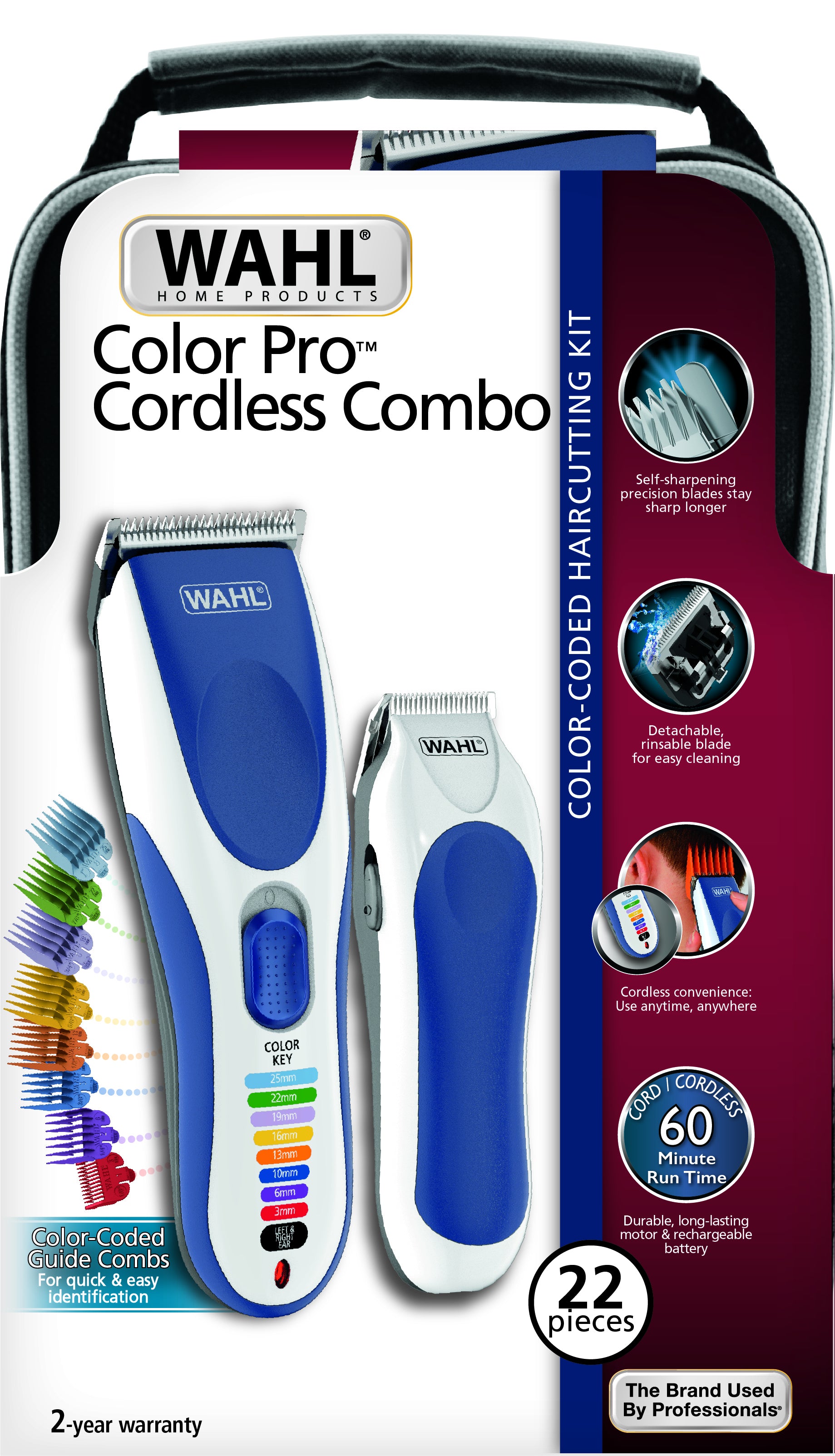 Wahl Haarschneider Color Pro – kabellos, 60 min Akkulaufzeit – blau, weiss – Edelstahlklingen