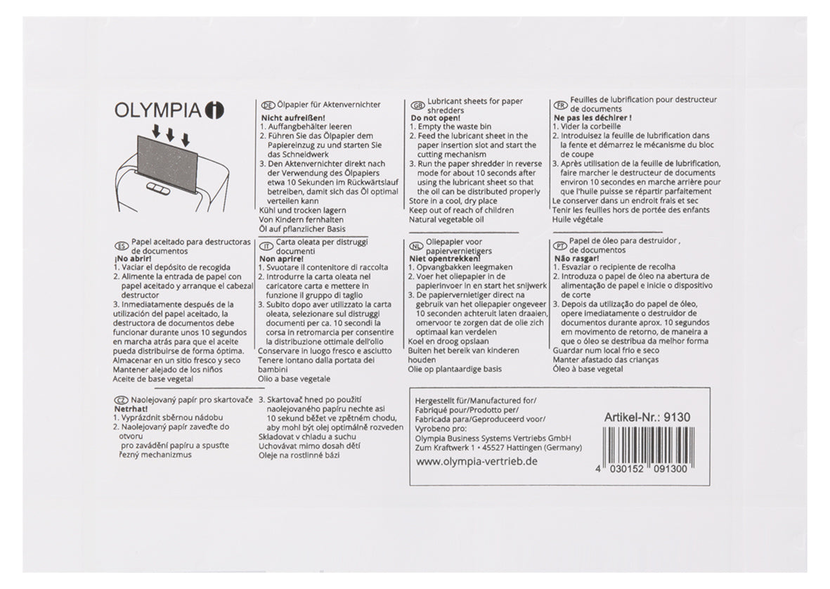 Olympia Ölpapier für Aktenvernichter – 12 Stk., für Olympia Shredder