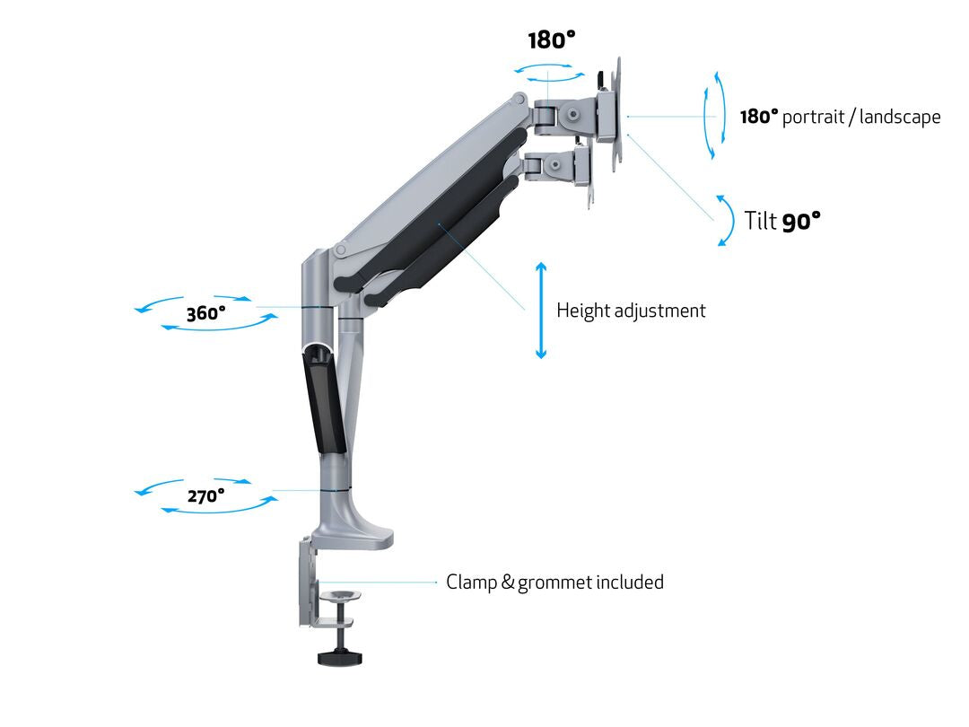 Multibrackets MB Duo 3279 – Tischhalterung, Dual, bis 27", VESA 100 × 100 mm, 9 kg, schwenkbar, Silber