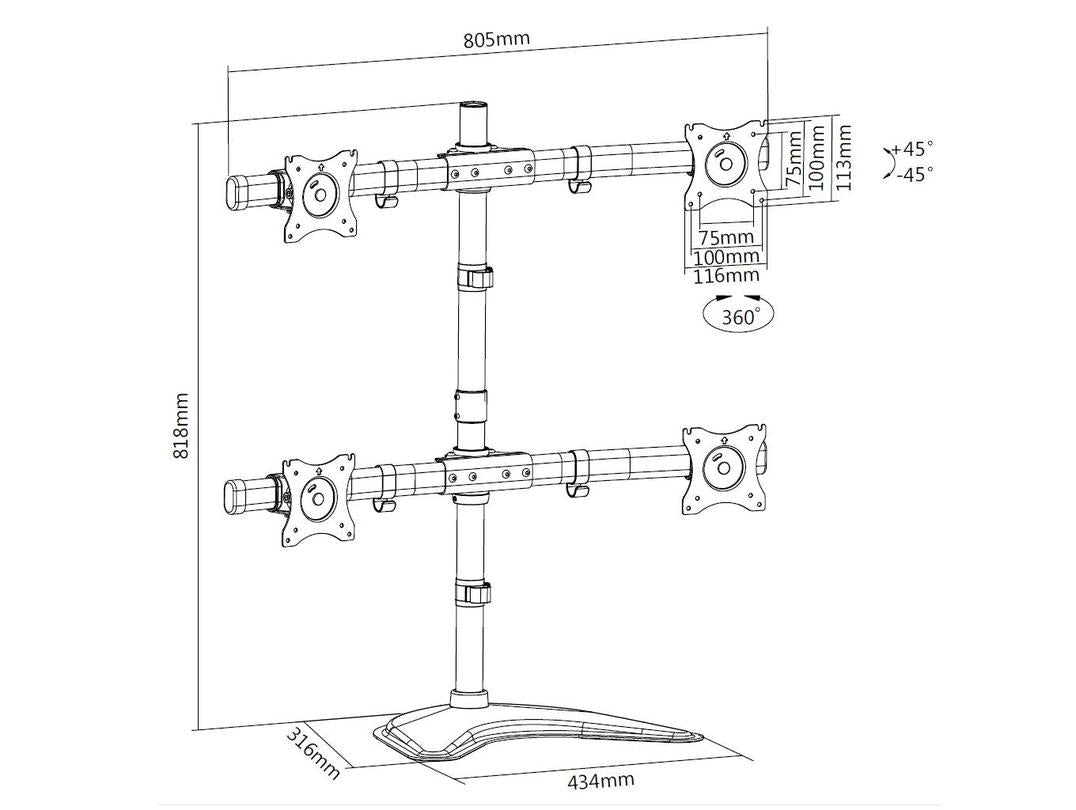Multibrackets basic 3347 – Standfuss, 4 Monitore, bis 27", VESA 75 × 75 mm, 8 kg, drehbar, höhenverstellbar