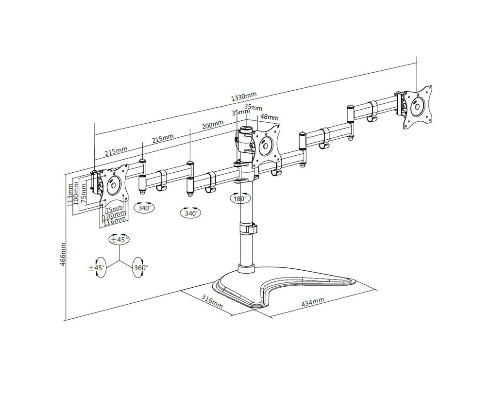 Multibrackets MB 3392 – Tischhalterung, 3-fach, Standfuss, bis 27", VESA 100 × 100 mm, 8 kg