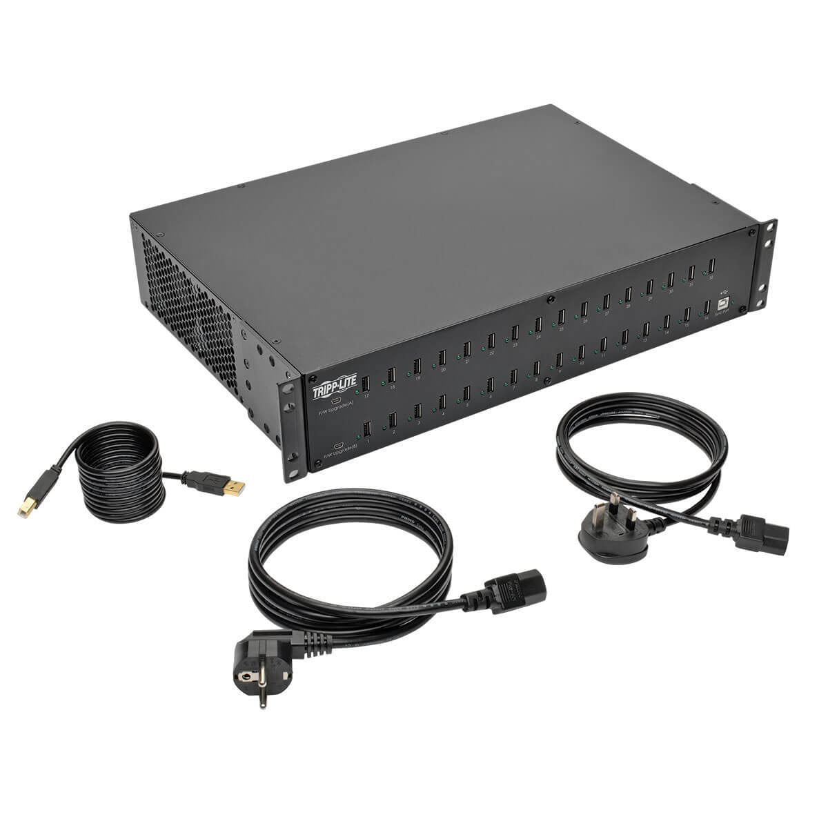 Tripp Lite U280-032-RMINT USB-Desktop-Ladegerät 400 W – 5 V/80 A Ausgang, USB-A×32 – 2U Rack – Schwarz