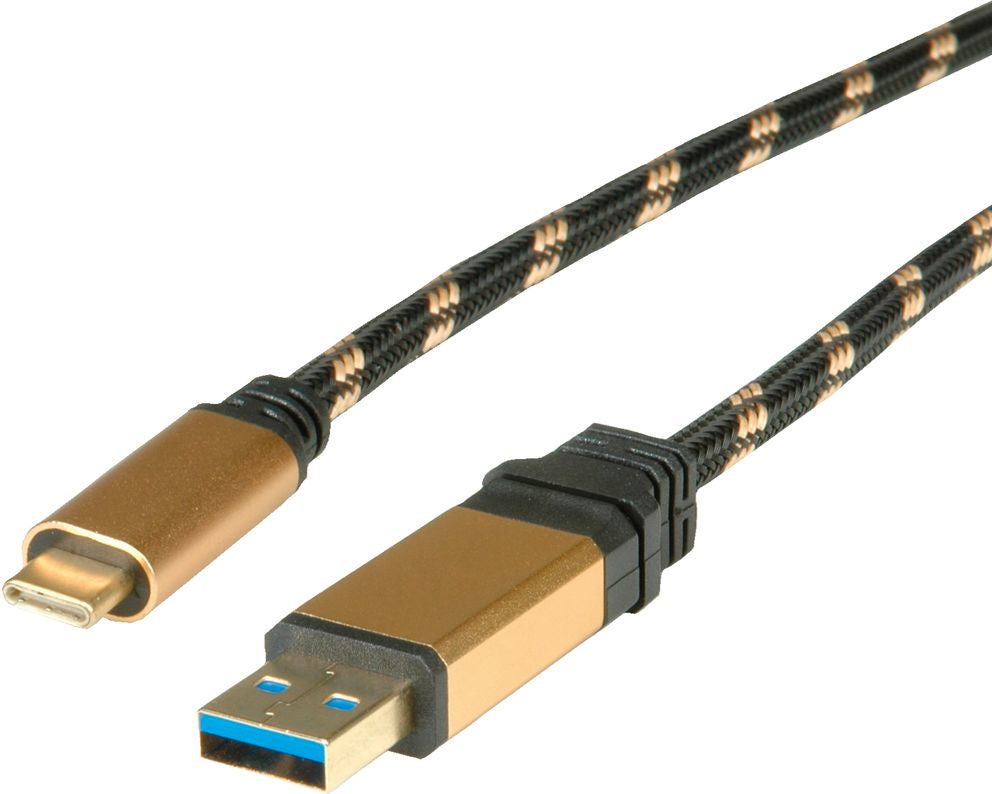 ROLINE USB-A auf USB-C Kabel – USB 3.2 Gen 2 (10 Gbit/s) – 1 m – Schwarz/Gold