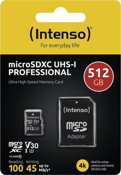 Intenso PRO 3433493 microSDXC 512 GB – UHS-I, Klasse 10, U3, V30, 100/45 MB/s, inkl. SD-Adapter