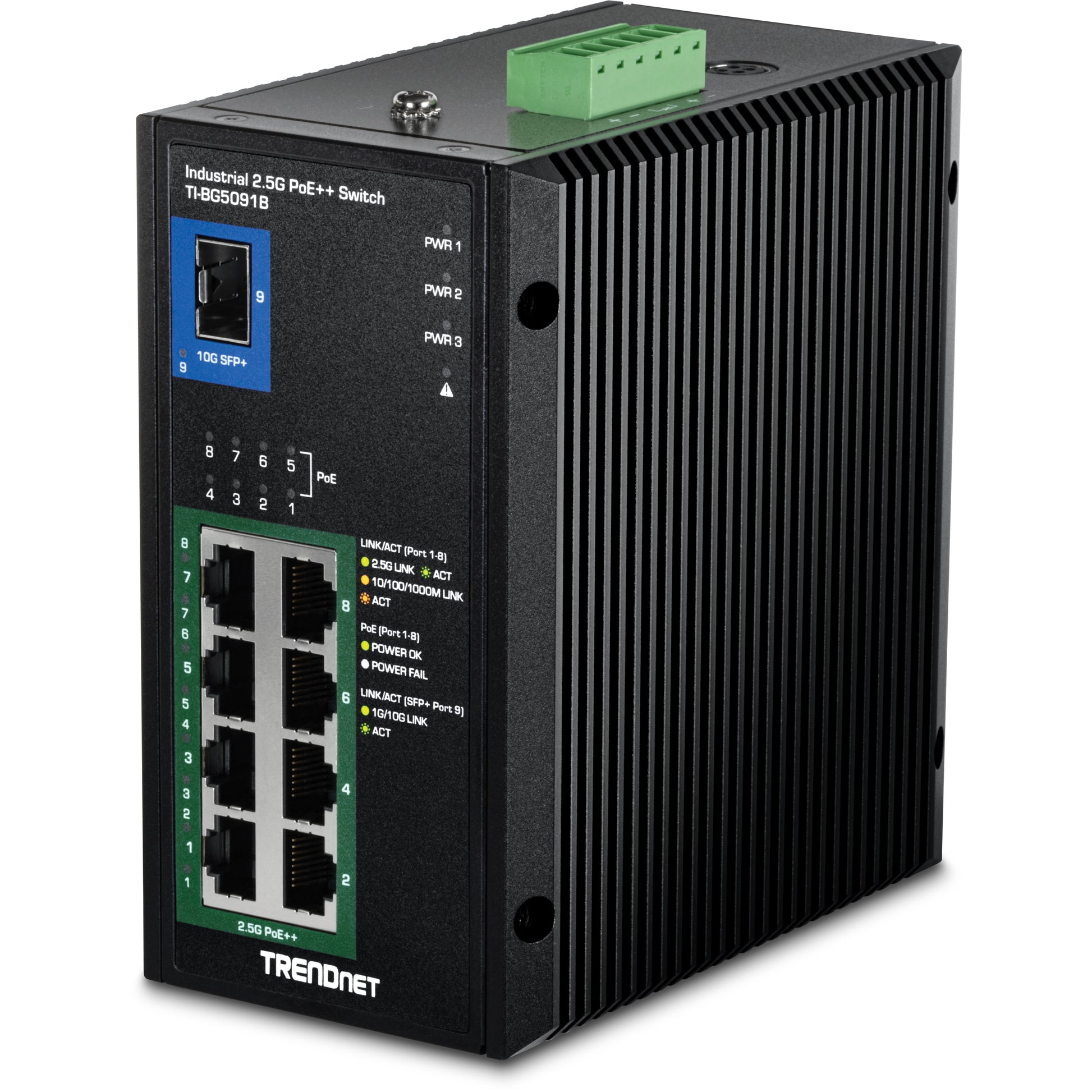 TRENDnet TI-BG5091B – Unmanaged Switch – 8× 2.5G PoE++, 1× SFP+, PoE-Budget 480 W, DIN-Rail