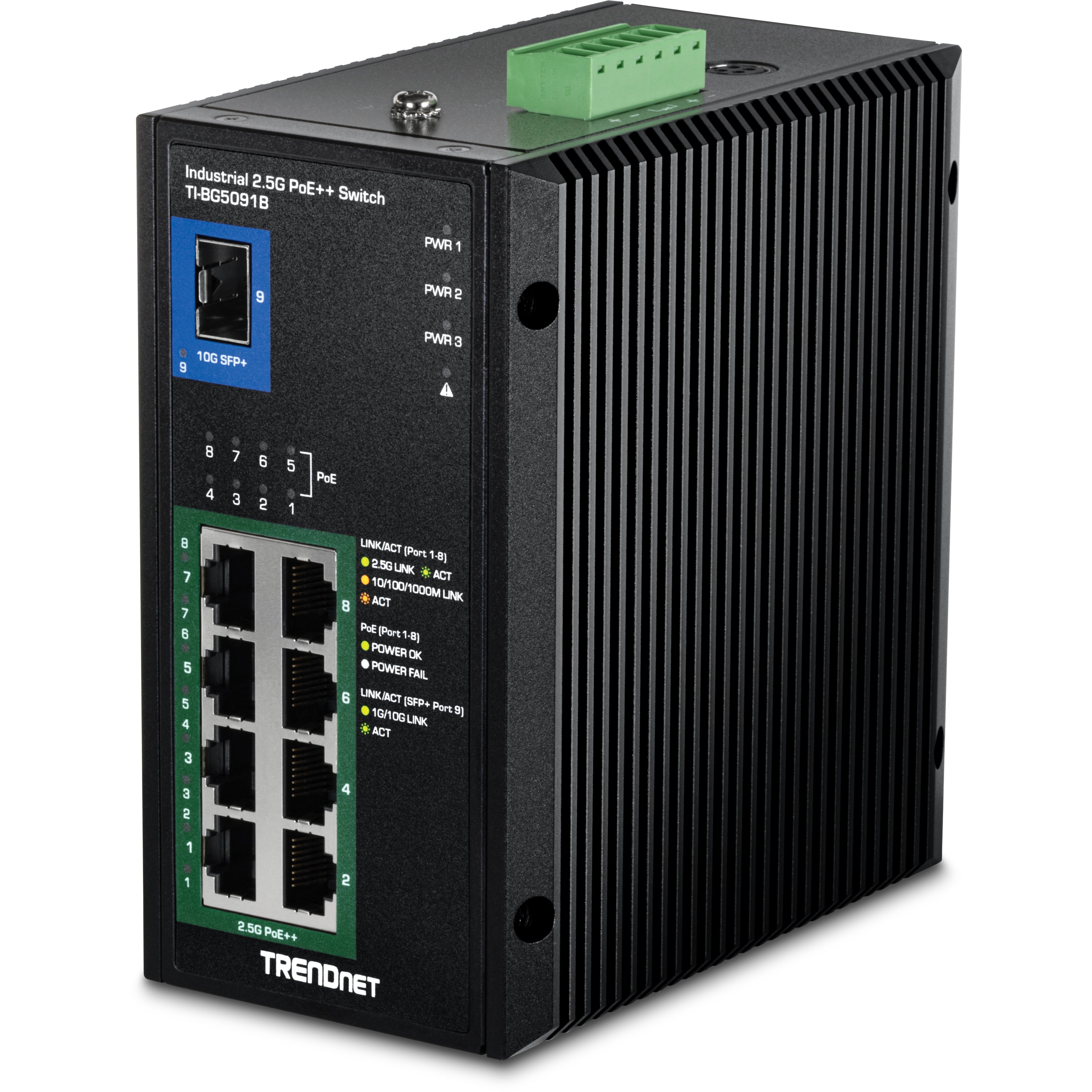 TRENDnet TI-BG5091B – Unmanaged Switch – 8× 2.5G PoE++, 1× SFP+, PoE-Budget 480 W, DIN-Rail