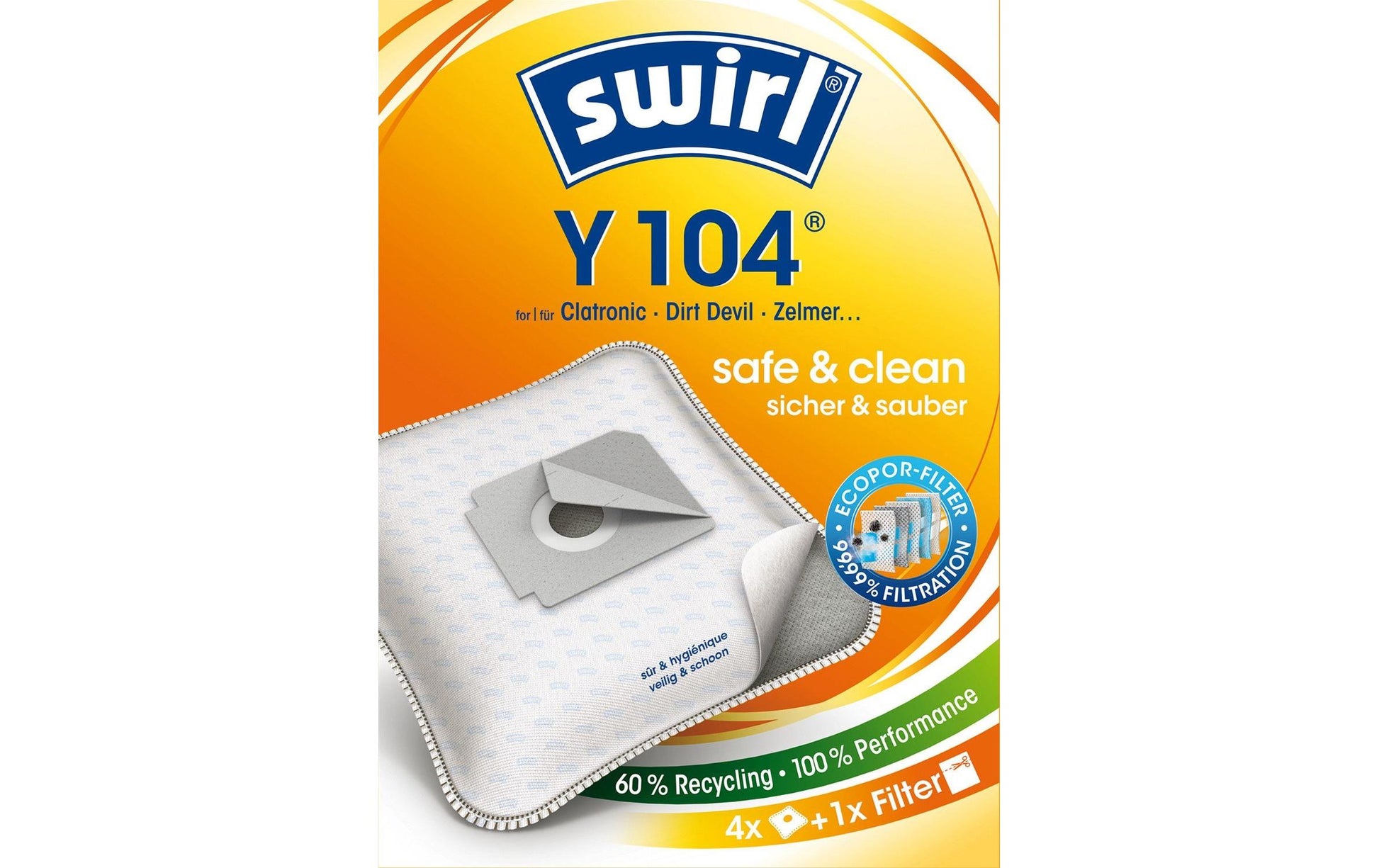 Swirl Staubbeutel Y 104 – 4 Stück, für Dirt Devil M 7003, Clatronic BS 1227, Zanussi ZAN 3010