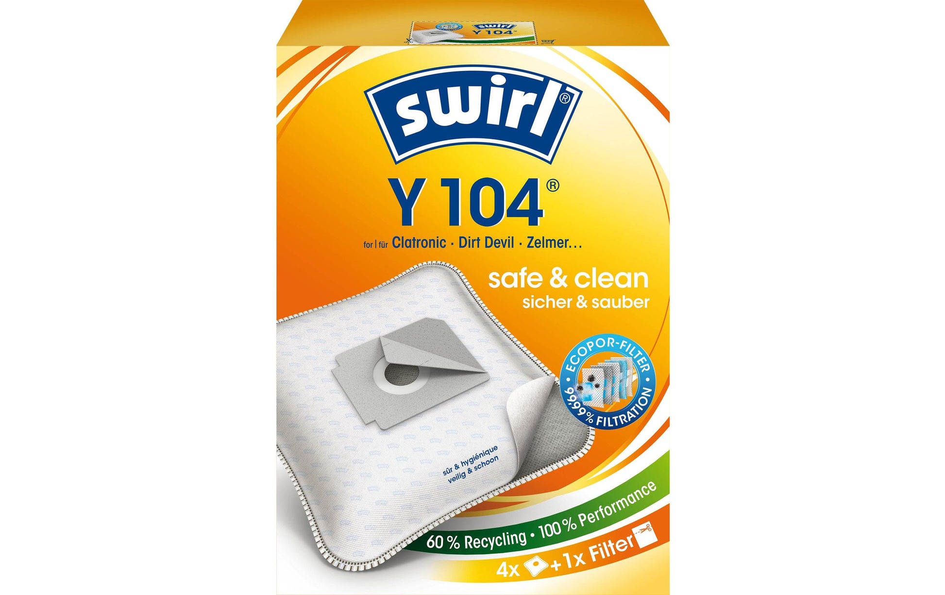 Swirl Staubbeutel Y 104 – 4 Stück, für Dirt Devil M 7003, Clatronic BS 1227, Zanussi ZAN 3010