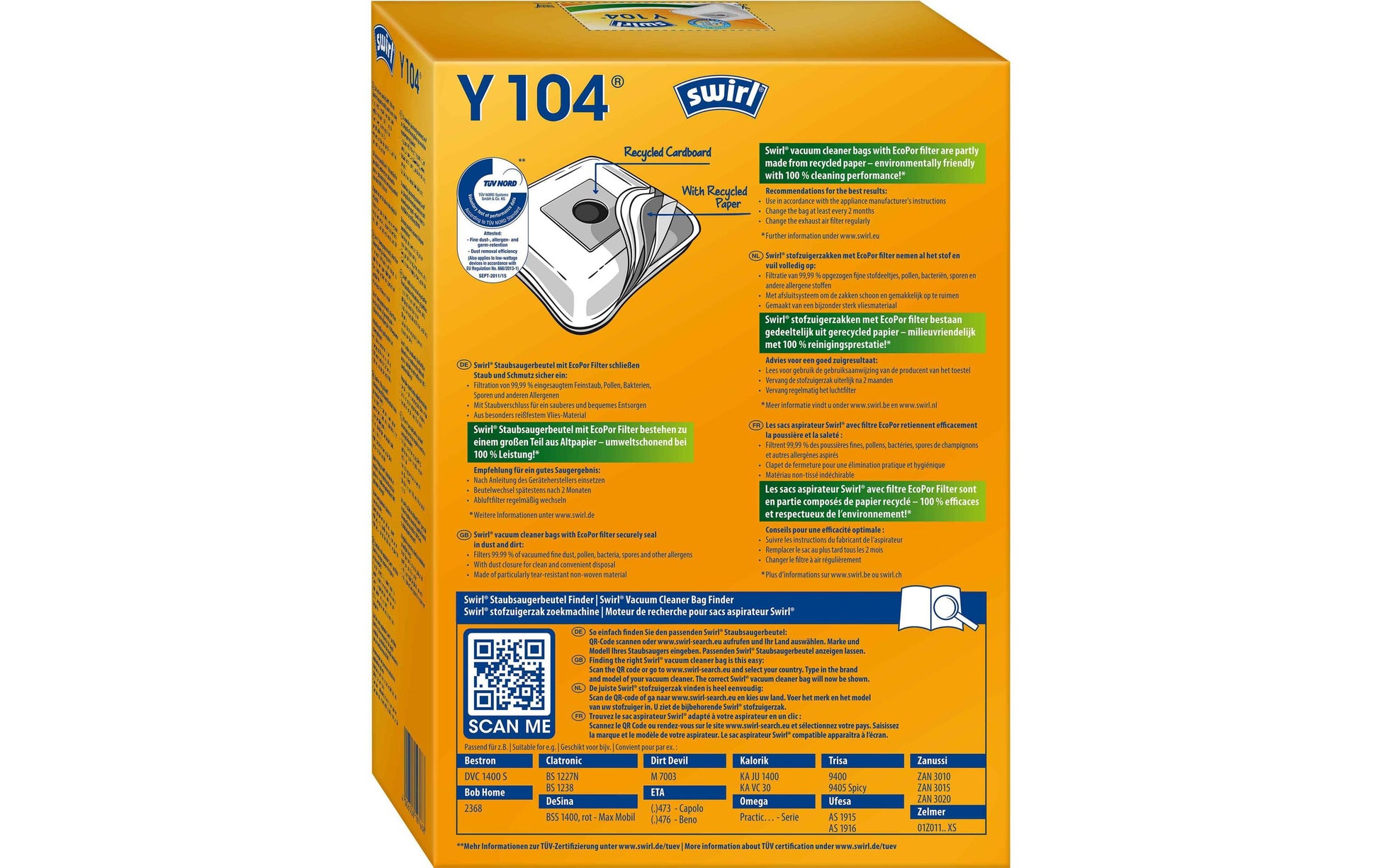 Swirl Staubbeutel Y 104 – 4 Stück, für Dirt Devil M 7003, Clatronic BS 1227, Zanussi ZAN 3010