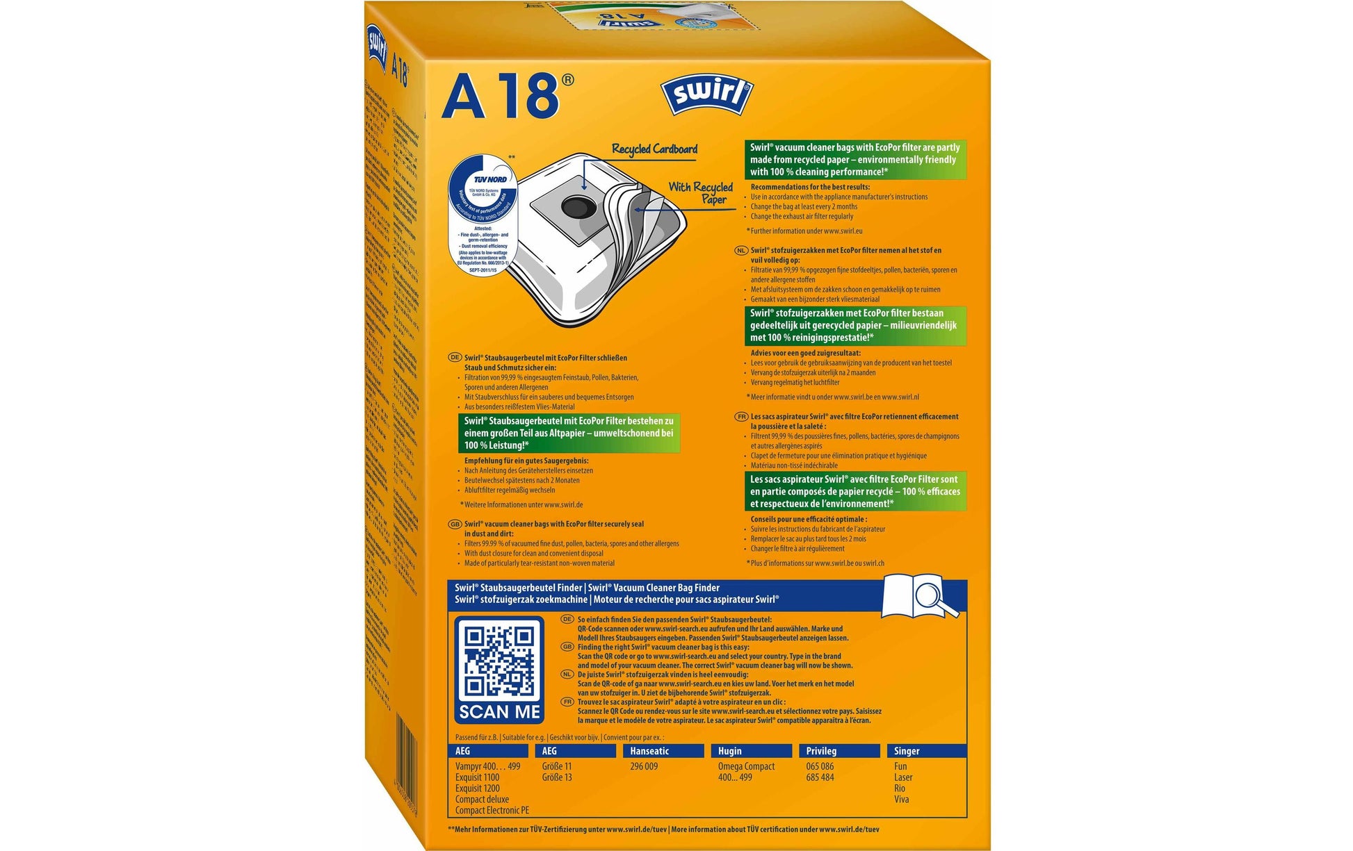 Swirl Staubbeutel A 18 – 4 Stück, für AEG Vampyr 400/499, Privileg, Singer und andere