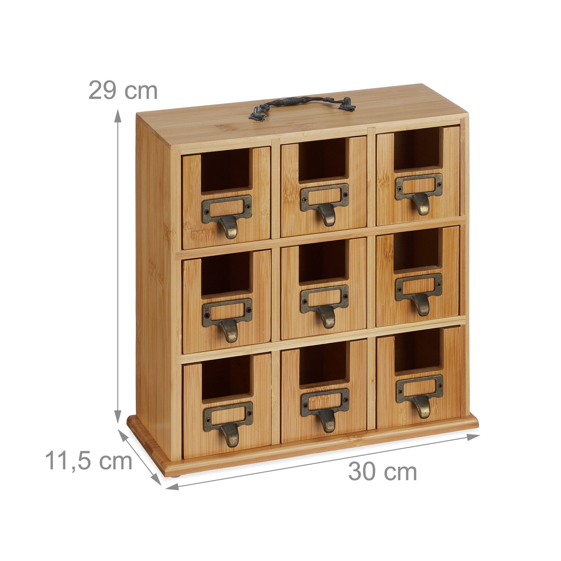 Relaxdays Teebeutelbox Bambus/Metall, 9 Fächer, 30 × 11,5 × 29 cm, Kupfer/Natur