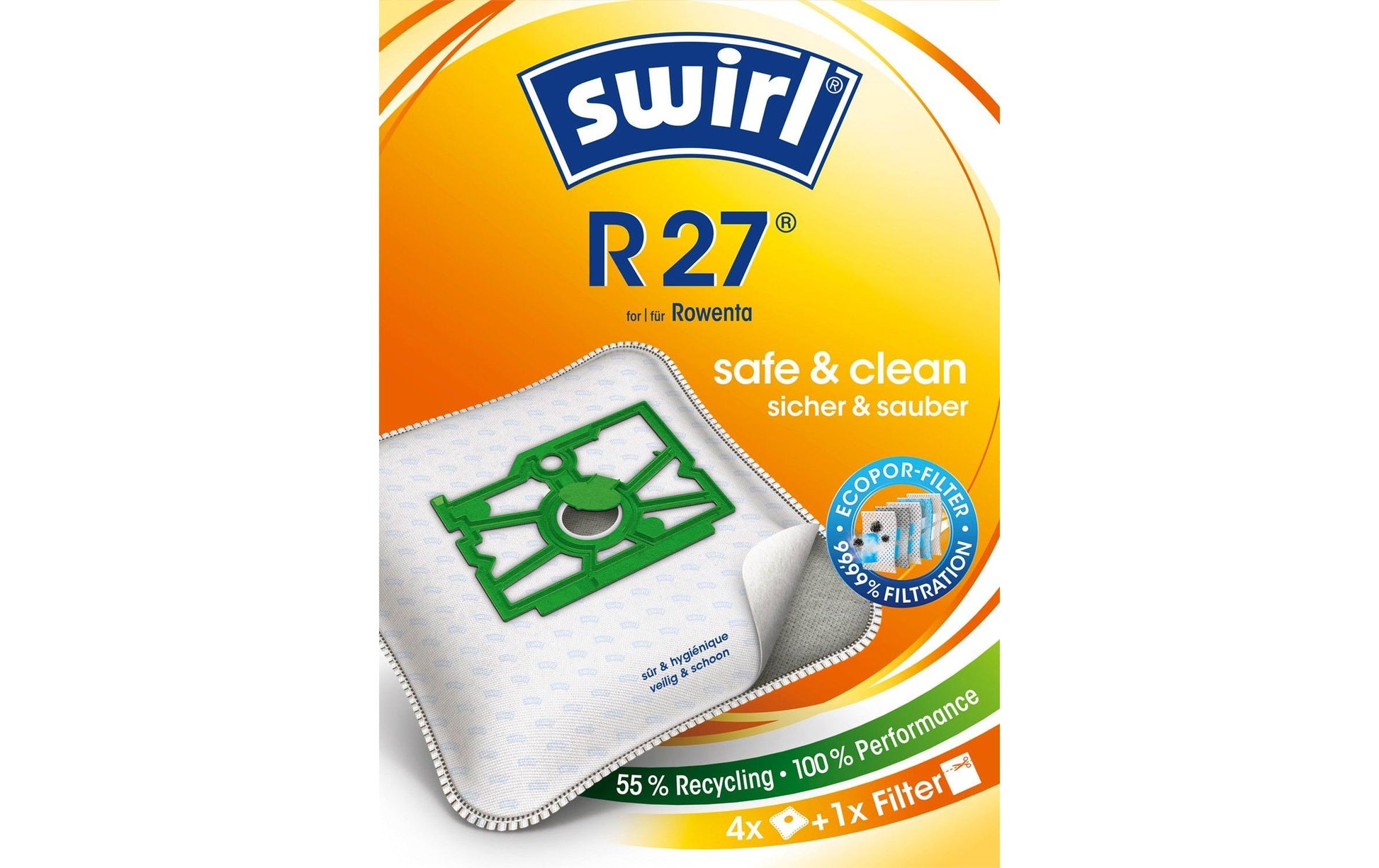 Swirl Staubbeutel R 27 – 4 Stück, für Rowenta RS 005 099 / Dymbo ZR-74 / ZR-745