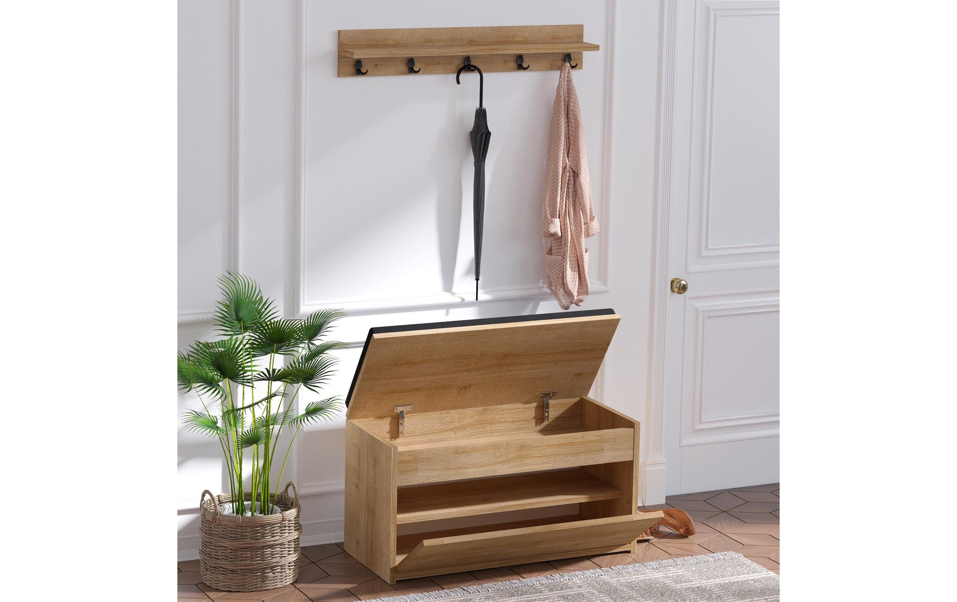 Woody Fashion Wandgarderobe – 5 Haken, Spanplatte/Metall, Braun, 80 × 14 × 17 cm