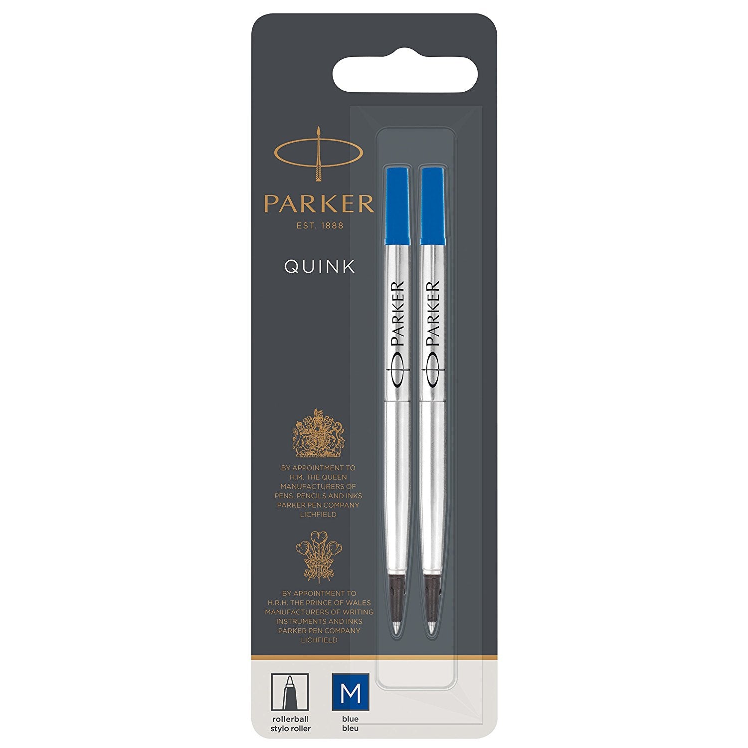 Parker QUINK Rollerpatrone – Blau, 0,7 mm (Mittel), für Parker Tintenroller, 2er-Pack
