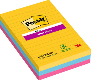 Post-it Super Sticky Carnival Haftnotizen – 101 × 152 mm – sortiert, liniert, 90 Blatt/Block, 3er-Pack