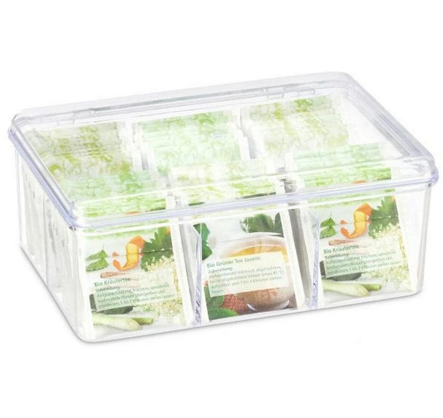 Relaxdays Teebeutelbox Kunststoff, 6 Fächer, 21,5 × 14,5 × 9 cm, transparent