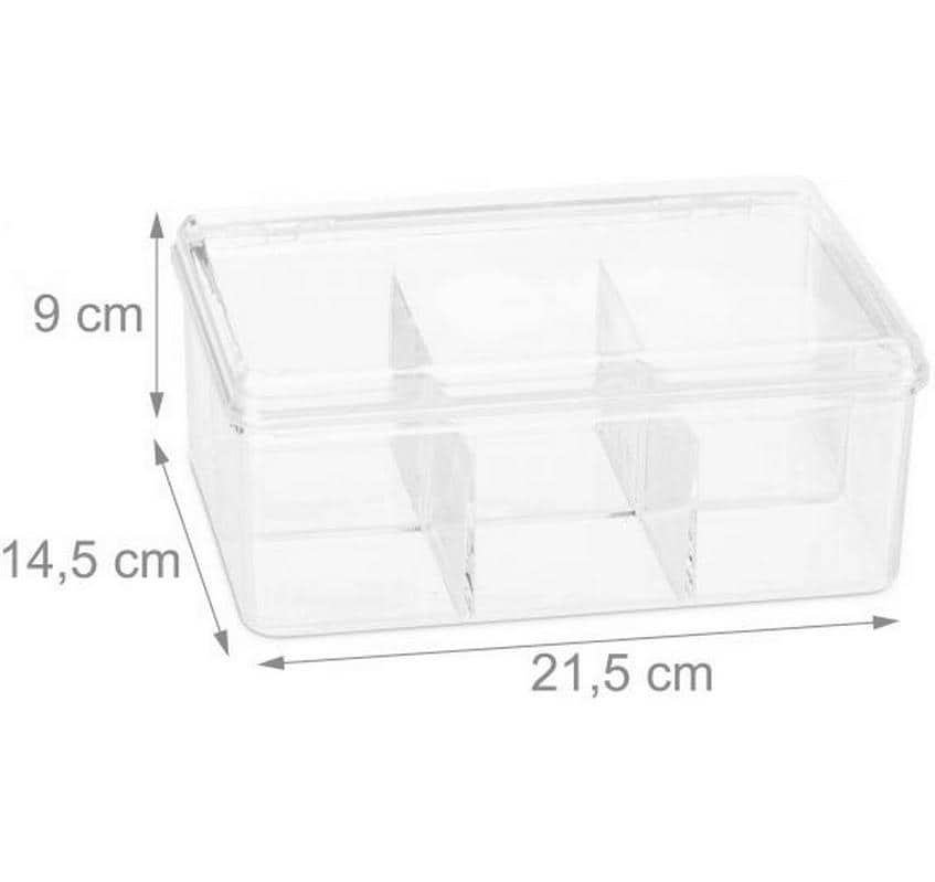 Relaxdays Teebeutelbox Kunststoff, 6 Fächer, 21,5 × 14,5 × 9 cm, transparent