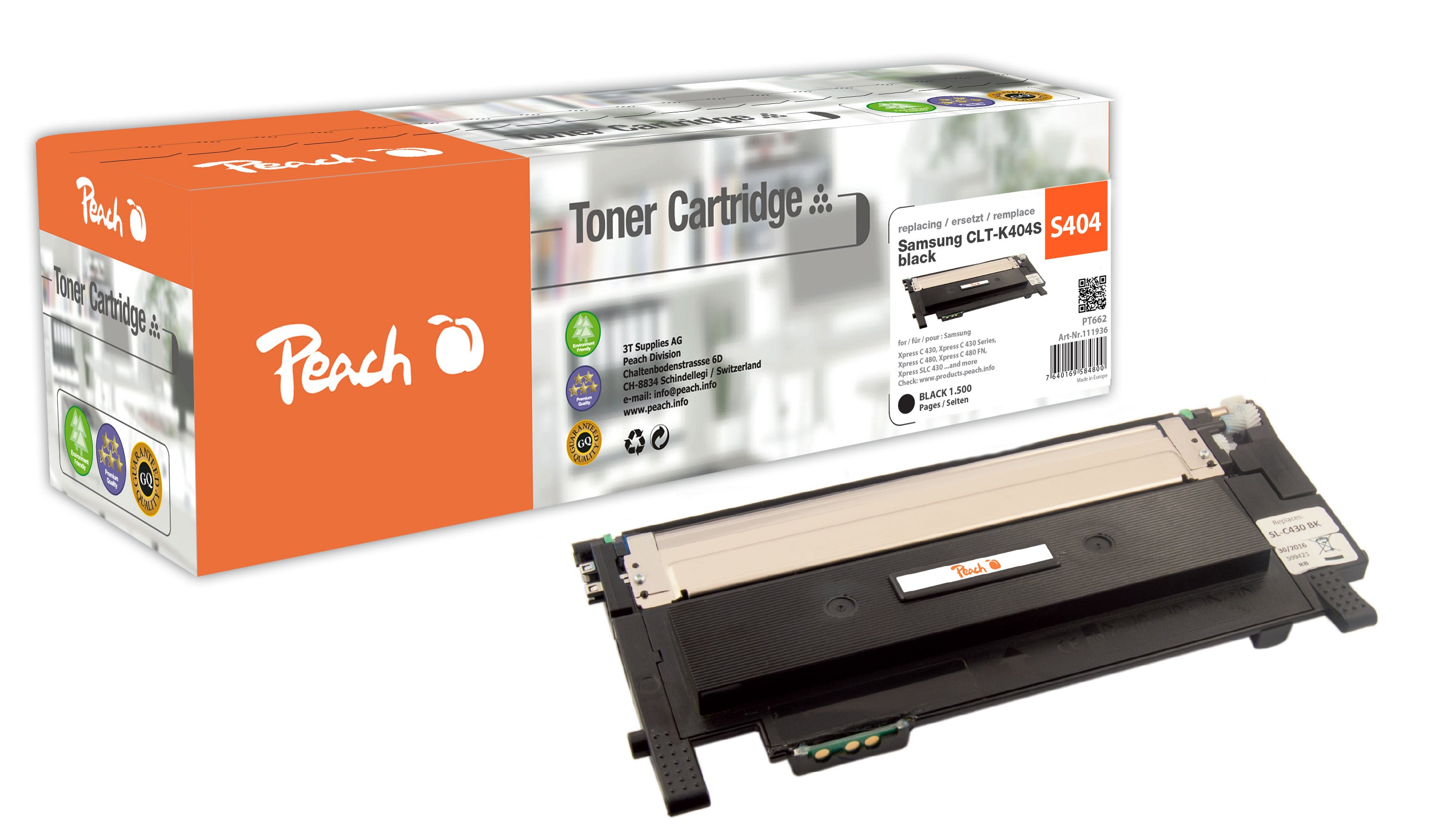 Peach CLT-K404S (S404) Schwarz Toner – Kompatibel – 1'500 Seiten – für Samsung Xpress C430/C480 und andere