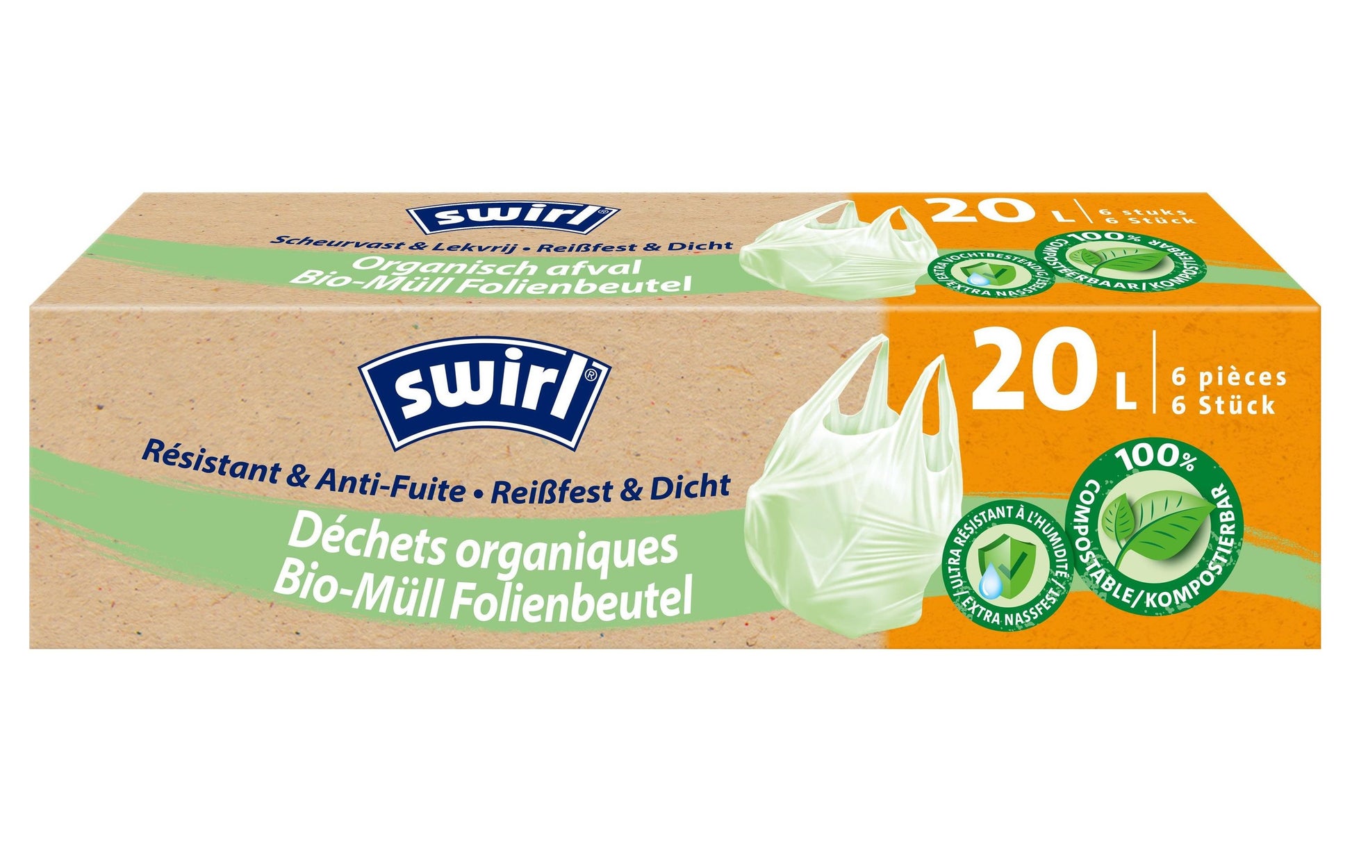 Swirl Kompostierbeutel – 20 L, mit Zugband, PE, weiss, 480 × 600 mm, 6 Stk