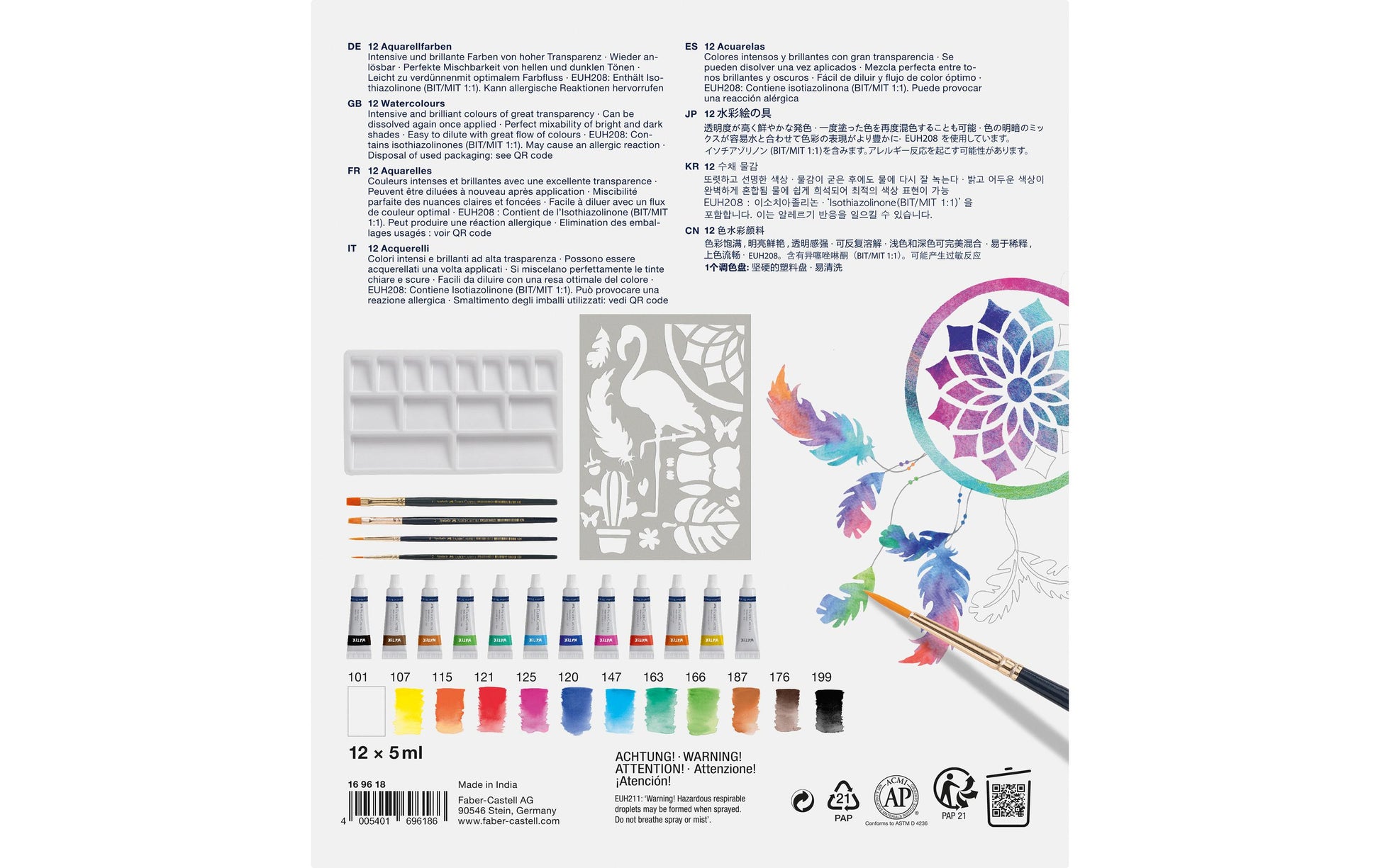 Faber-Castell Creative Studio Aquarellfarben – Mehrfarbig – 12 Farben (12×5 ml) – 4 Pinsel