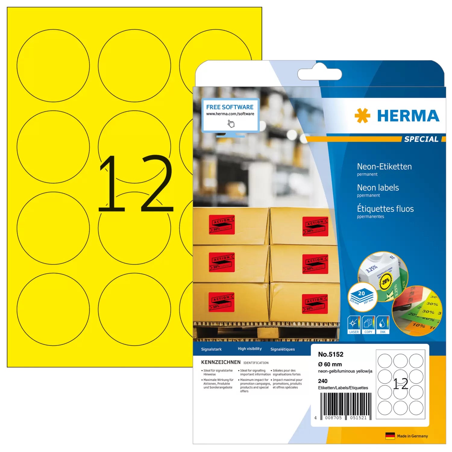 HERMA Etiketten auf Bögen, Ø 60 mm, Neongelb, Papier, Selbstklebend, 20 Blätter (240 Etiketten)