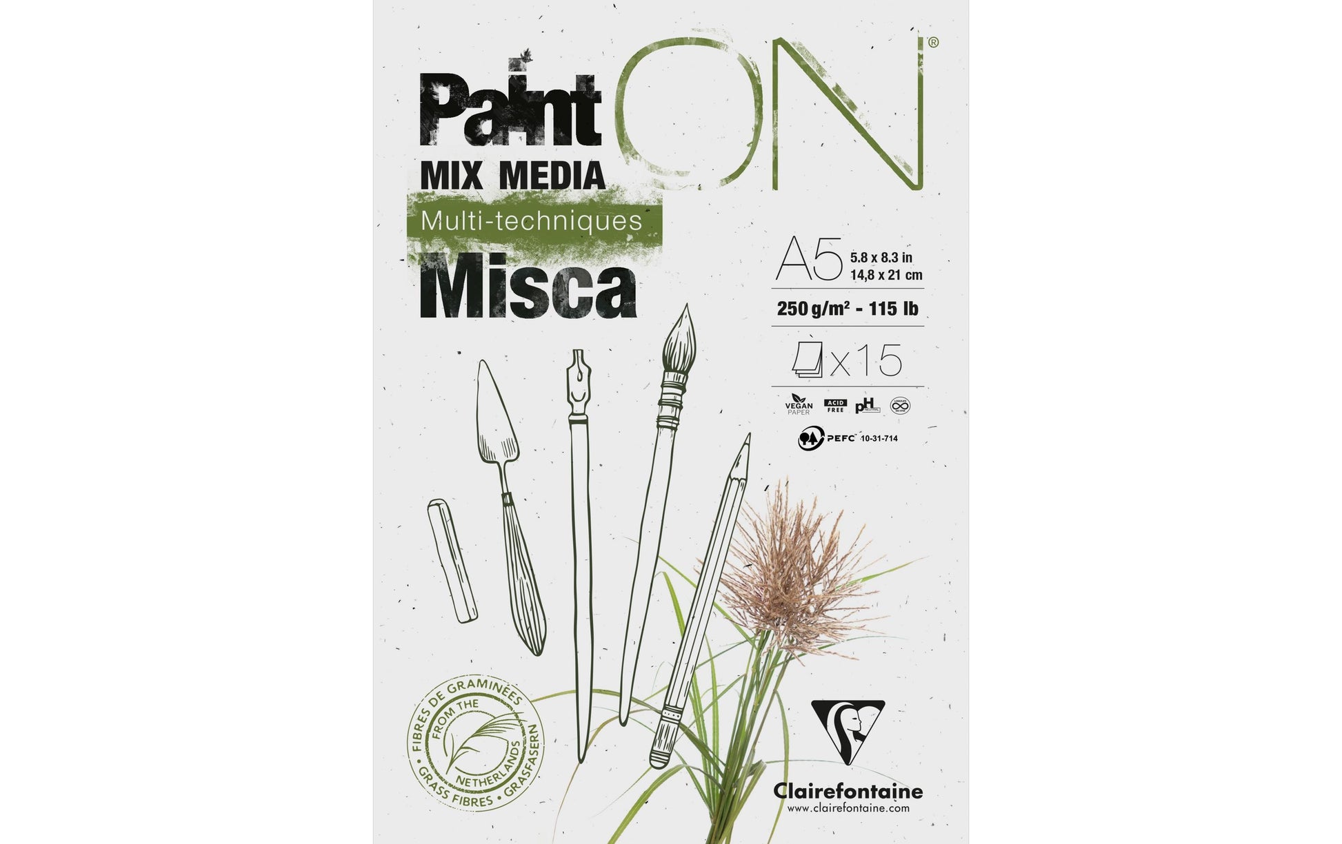 Clairefontaine Paint'On Mixed Media Block – A5 – 250 g/m² – 15 Blatt, Weiss, für Acryl, Gouache & Bleistift