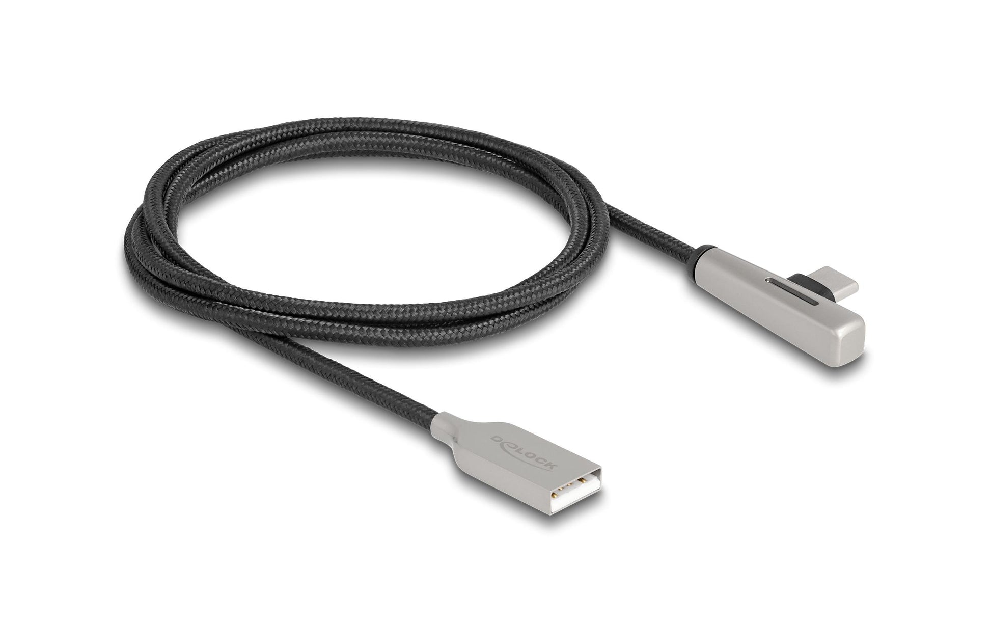 DeLOCK USB-A auf USB-C Kabel – USB 2.0 (480 Mbit/s) – 1 m – PD 60 W – Textilmantel, Leuchtend – Schwarz/Silber