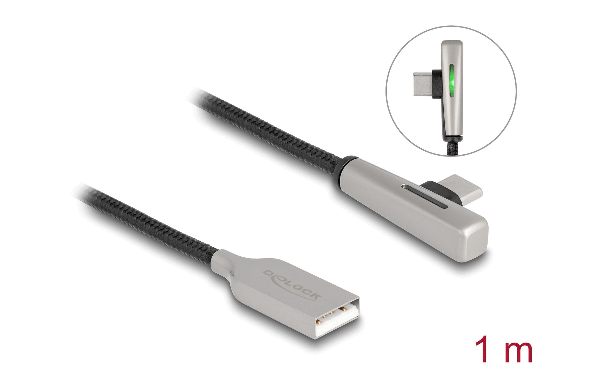 DeLOCK USB-A auf USB-C Kabel – USB 2.0 (480 Mbit/s) – 1 m – PD 60 W – Textilmantel, Leuchtend – Schwarz/Silber