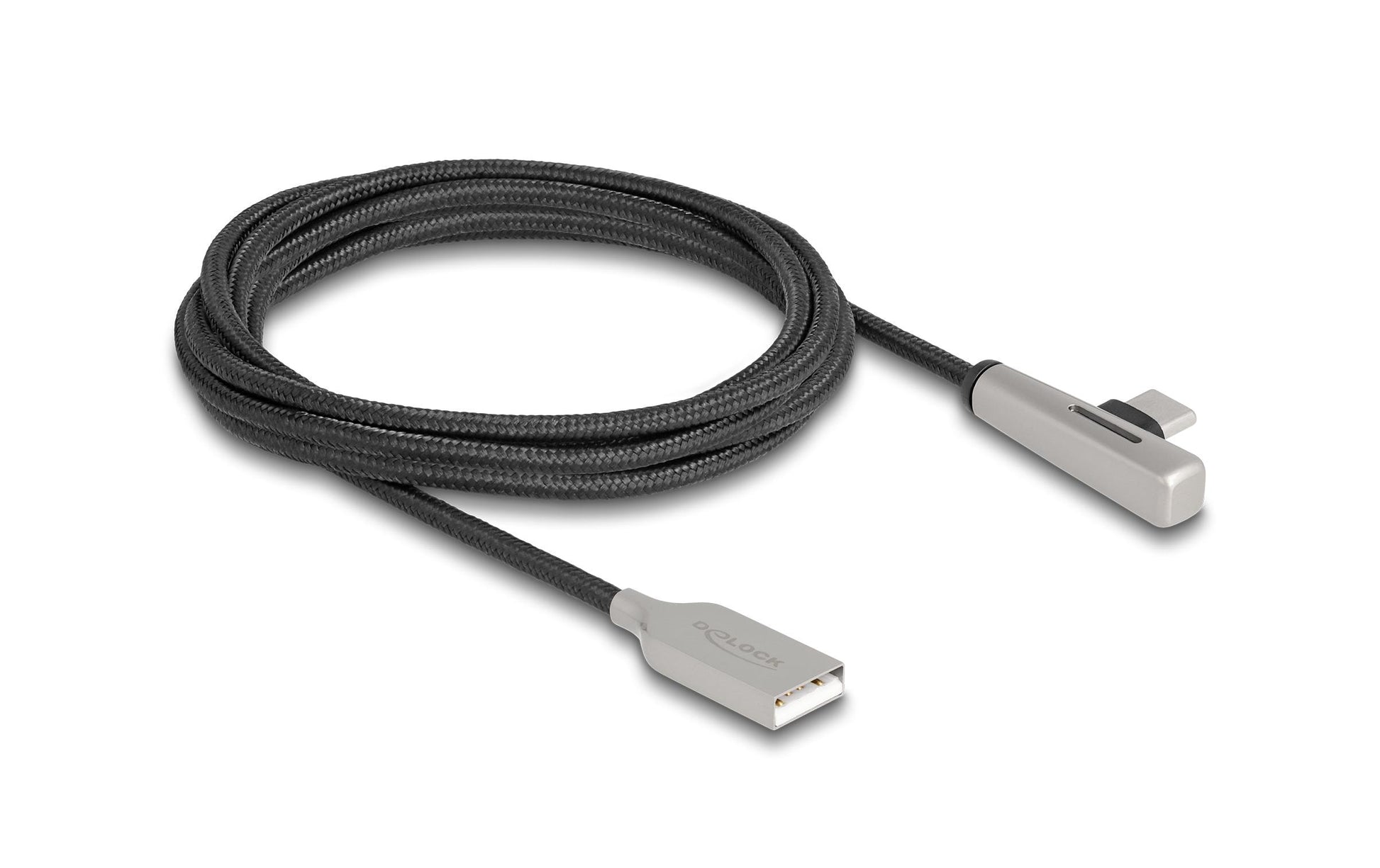 DeLOCK USB-A auf USB-C Kabel – USB 2.0 (480 Mbit/s) – 2 m – PD 60 W – Abgewinkelt, Textilmantel – Schwarz