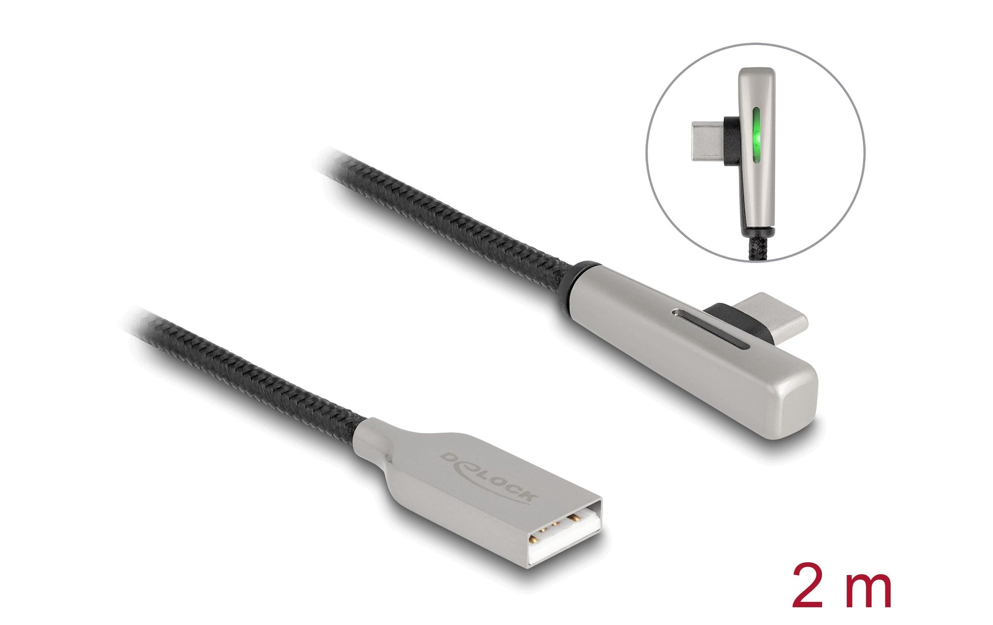 DeLOCK USB-A auf USB-C Kabel – USB 2.0 (480 Mbit/s) – 2 m – PD 60 W – Abgewinkelt, Textilmantel – Schwarz